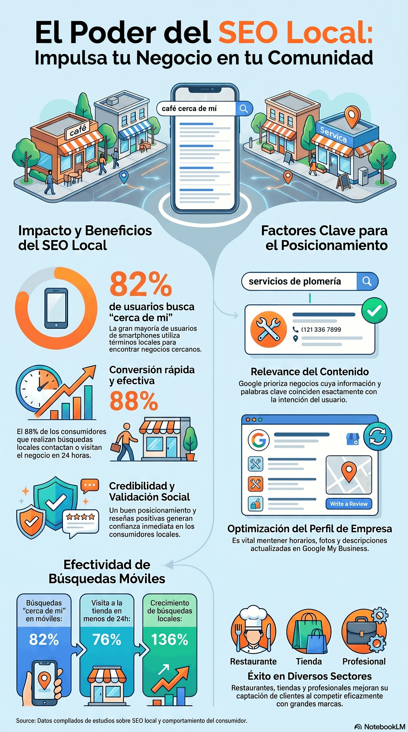 Infografía sobre el poder del SEO local con estadísticas, factores clave de posicionamiento, búsquedas móviles, credibilidad social y optimización de Google Business Profile para negocios locales.