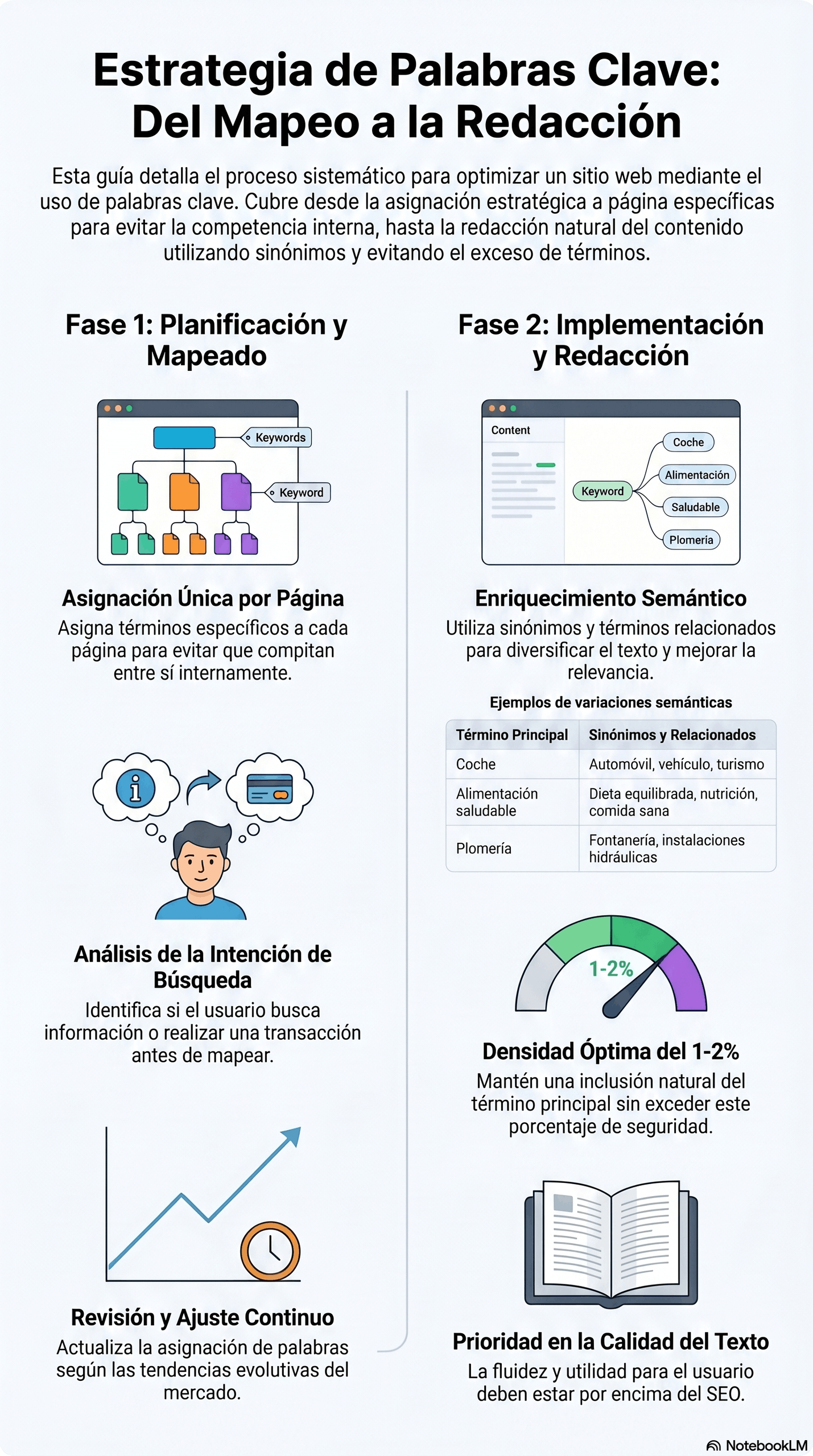Infografía sobre estrategia de palabras clave SEO que explica el mapeo, la asignación única por página, el análisis de intención de búsqueda, el enriquecimiento semántico, la densidad óptima y la revisión continua del contenido.