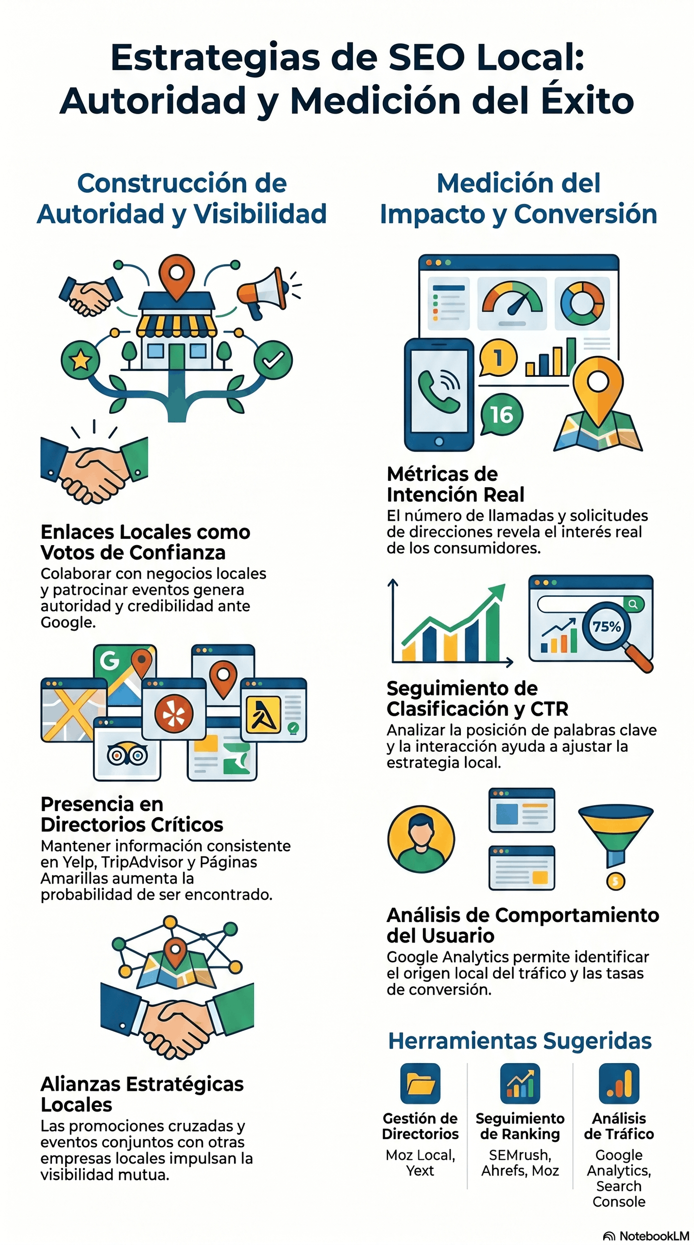 Infografía sobre estrategias de SEO Local con acciones para construir autoridad y visibilidad, medir impacto y conversiones, gestionar directorios, analizar comportamiento del usuario y seguir el ranking en búsquedas locales.