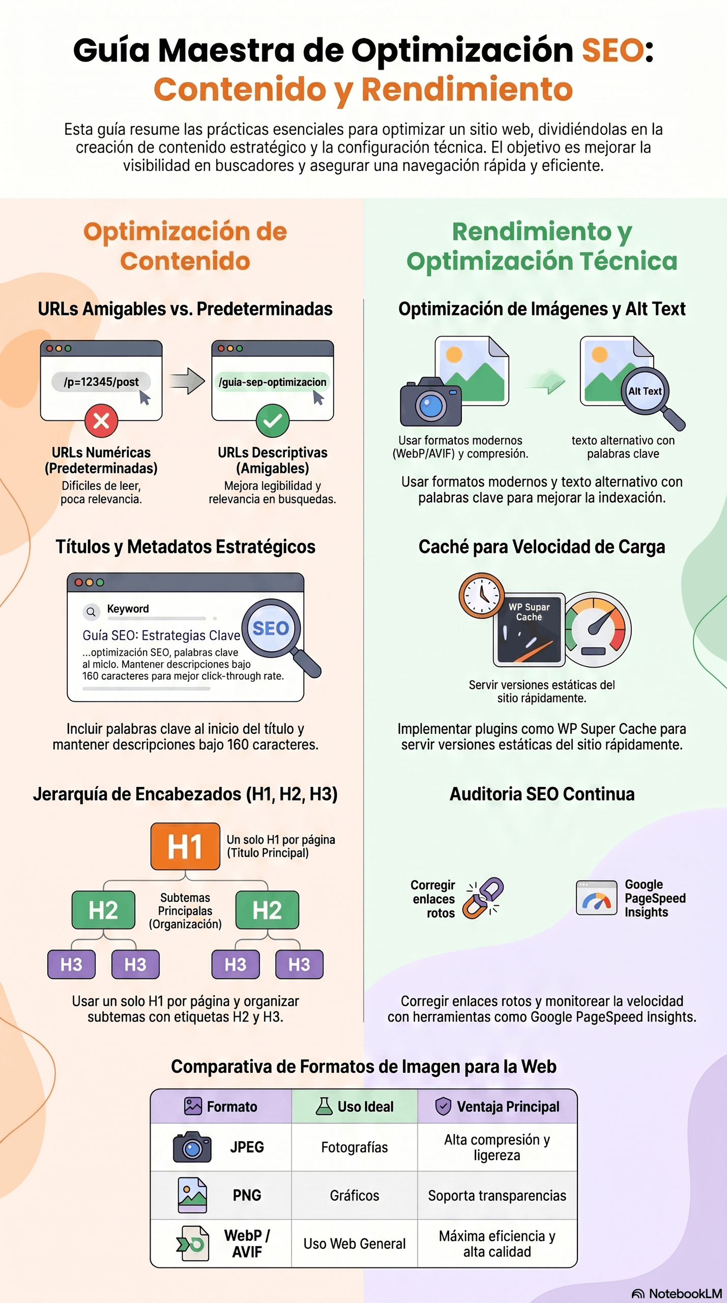 Infografía de la Guía Maestra de Optimización SEO sobre contenido y rendimiento, con consejos para URLs amigables, títulos y metadatos, encabezados, optimización de imágenes con alt text, caché, auditoría SEO y formatos de imagen web como JPEG, PNG y WebP/AVIF.