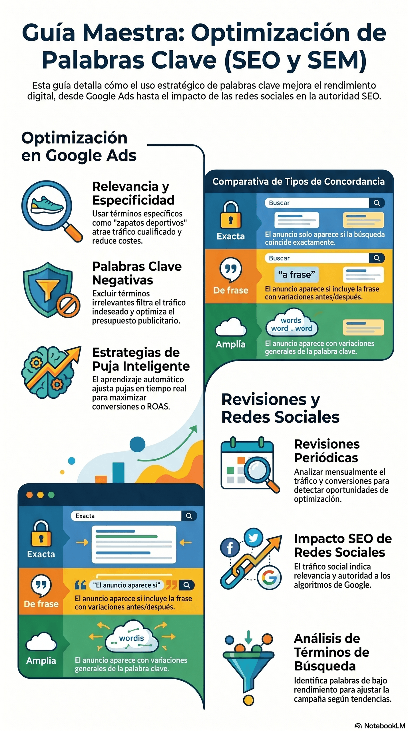 Infografía de la Guía Maestra de Palabras Clave que explica una estrategia SEO para el mapeo, la asignación única por página, el análisis de intención de búsqueda, la redacción natural y la optimización semántica del contenido.