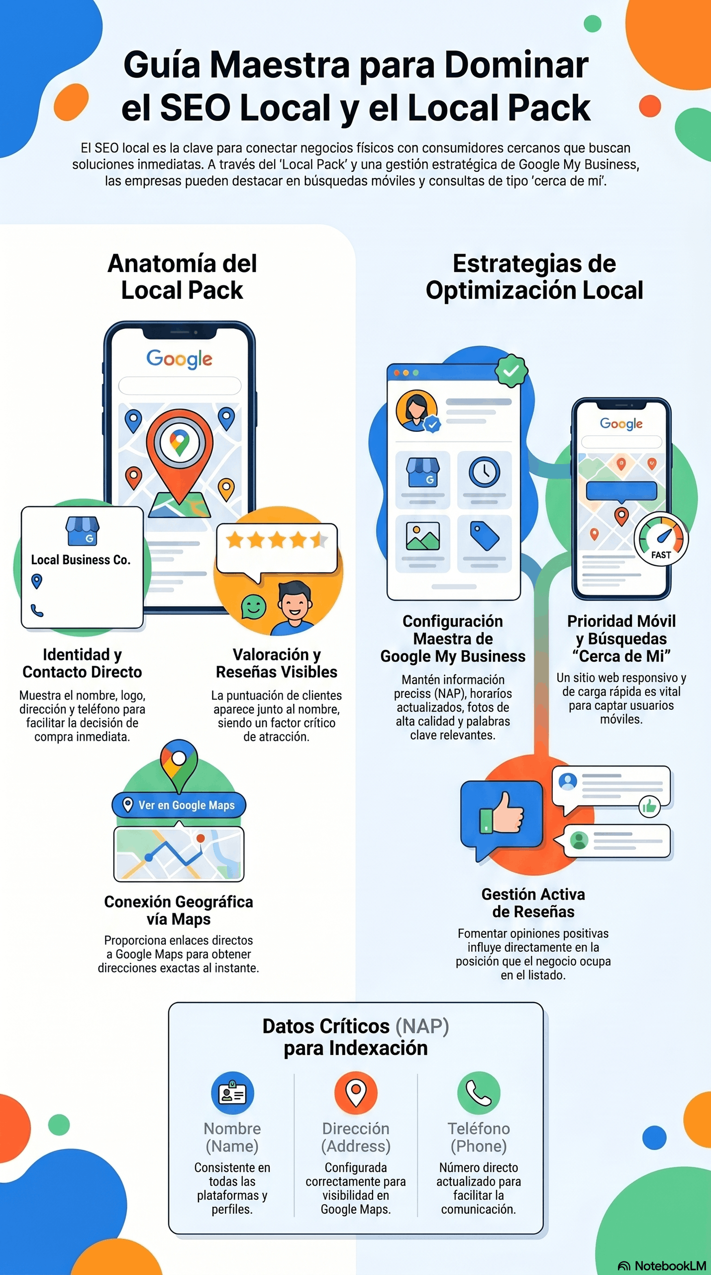 Infografía de la Guía Maestra de SEO Local con estrategias para dominar el Local Pack, optimizar Google My Business, mejorar el NAP, gestionar reseñas y aumentar la visibilidad en búsquedas “cerca de mí”.