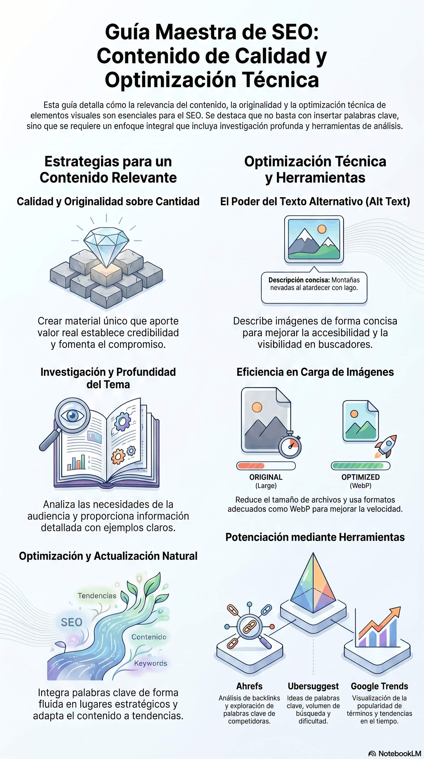 Infografía de la Guía Maestra de SEO que explica estrategias de contenido relevante, optimización técnica, texto alternativo, eficiencia en carga de imágenes y uso de herramientas como Ahrefs, Ubersuggest y Google Trends.
