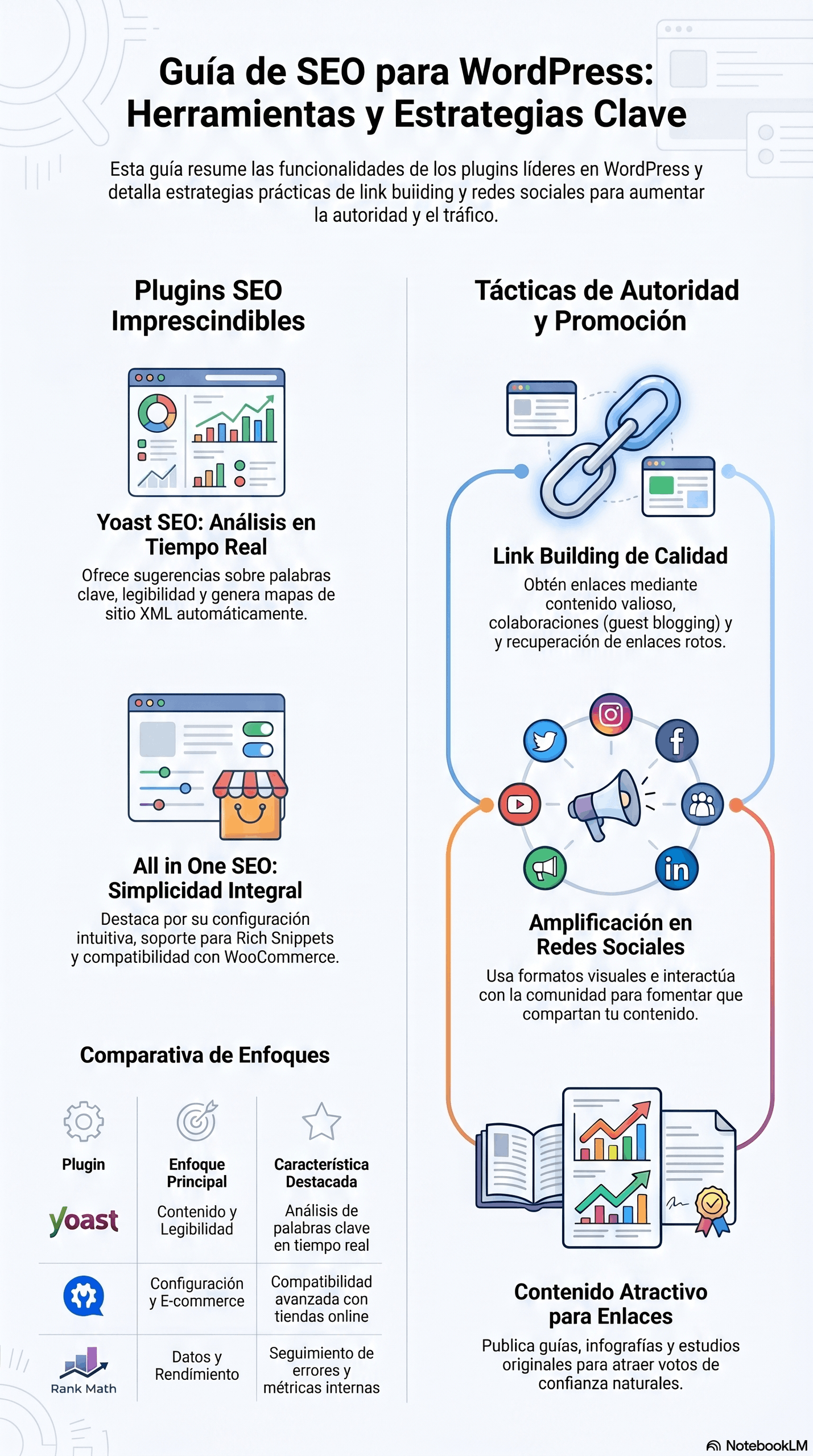 Infografía de una guía SEO para gestores contenidos con herramientas y estrategias clave en WordPress, incluyendo Yoast SEO, All in One SEO, link building de calidad, amplificación en redes sociales y contenido atractivo para enlaces.