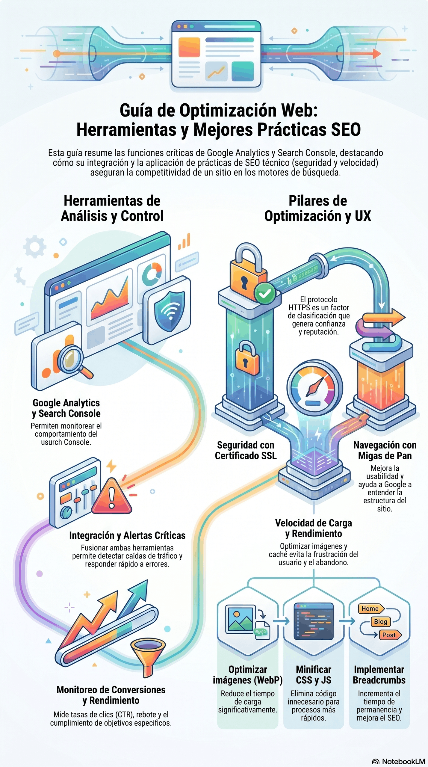 Infografía de la Guía de Optimización Web SEO con herramientas y mejores prácticas, incluyendo Google Analytics, Search Console, seguridad SSL, navegación con migas de pan, velocidad de carga, optimización de imágenes WebP, minificación de CSS y JS y monitoreo de conversiones.