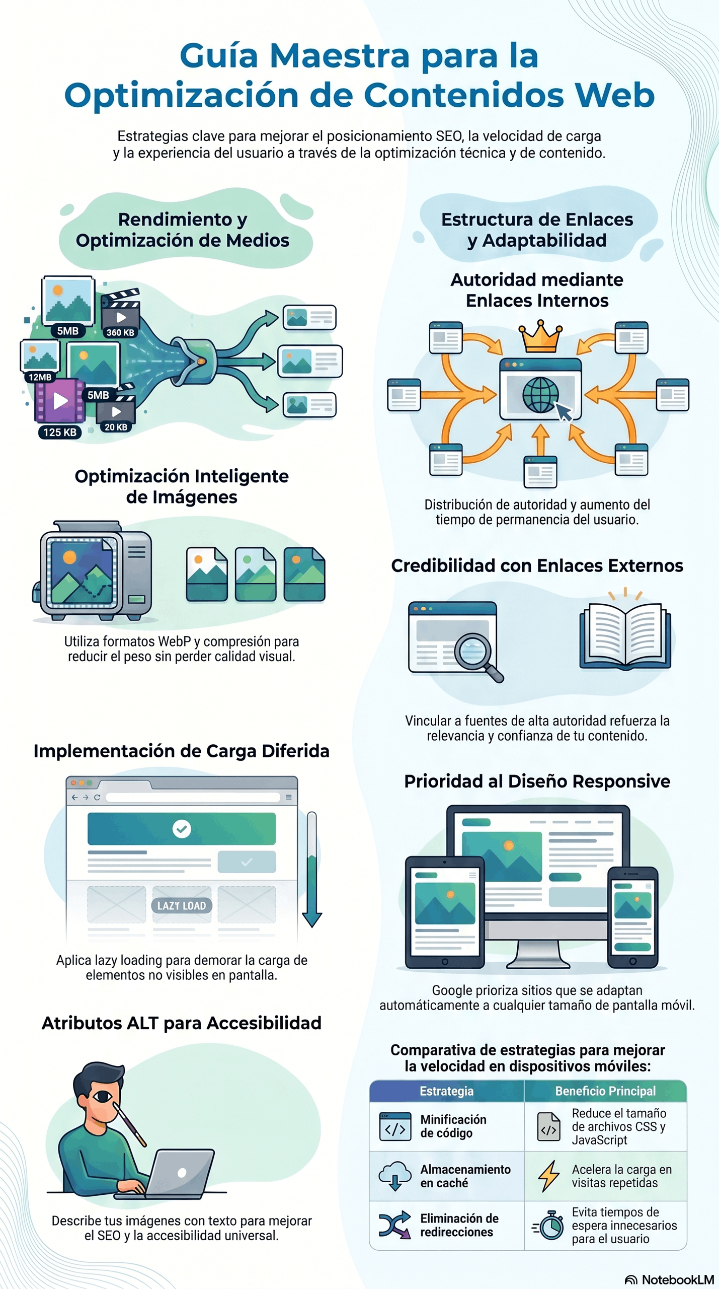 Infografía de la Guía de Optimización de Contenidos, con estrategias para mejorar SEO, velocidad de carga, enlaces internos y externos, diseño responsive, carga diferida y accesibilidad mediante atributos ALT.