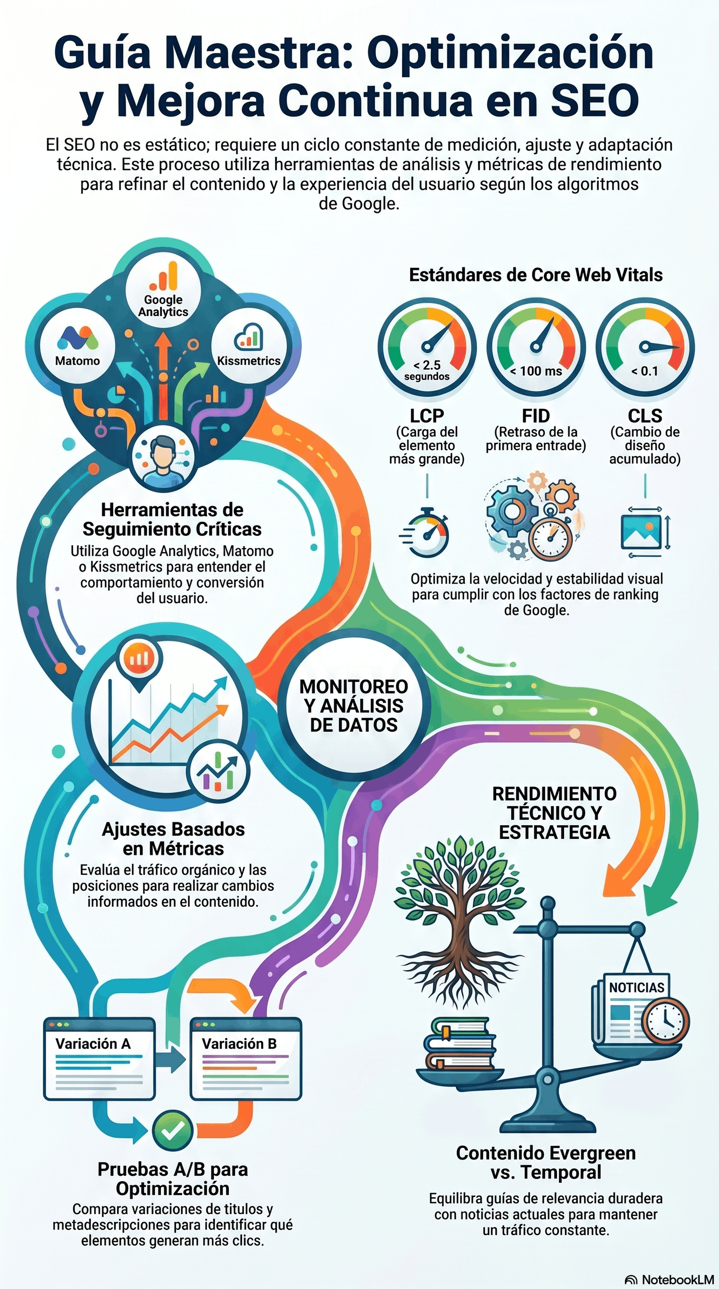 Infografía de la Guía de optimización SEO continua mostrando herramientas de seguimiento (Google Analytics, Matomo, Kissmetrics), métricas Core Web Vitals (LCP, FID, CLS), monitorreo y análisis de datos, ajustes basados en métricas, pruebas A/B y estrategia de contenido evergreen vs temporal para mejorar rendimiento técnico y experiencia de usuario.