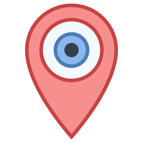 Icono de un marcador de ubicación rosa con un diseño de ojo en el centro, representando la relevancia de la ubicación en los factores de posicionamiento local en SEO.