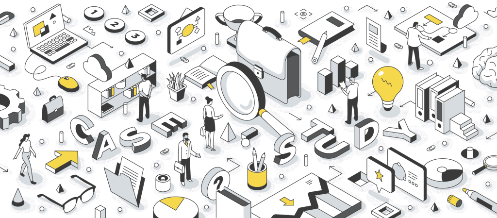 Ilustración isométrica que muestra varios elementos relacionados con casos de estudio y ejemplos prácticos, incluyendo una lupa, gráficos, documentos y personas interactuando con diferentes recursos de aprendizaje. La imagen representa el análisis y estudio de situaciones reales para la aplicación práctica en negocios o educación.