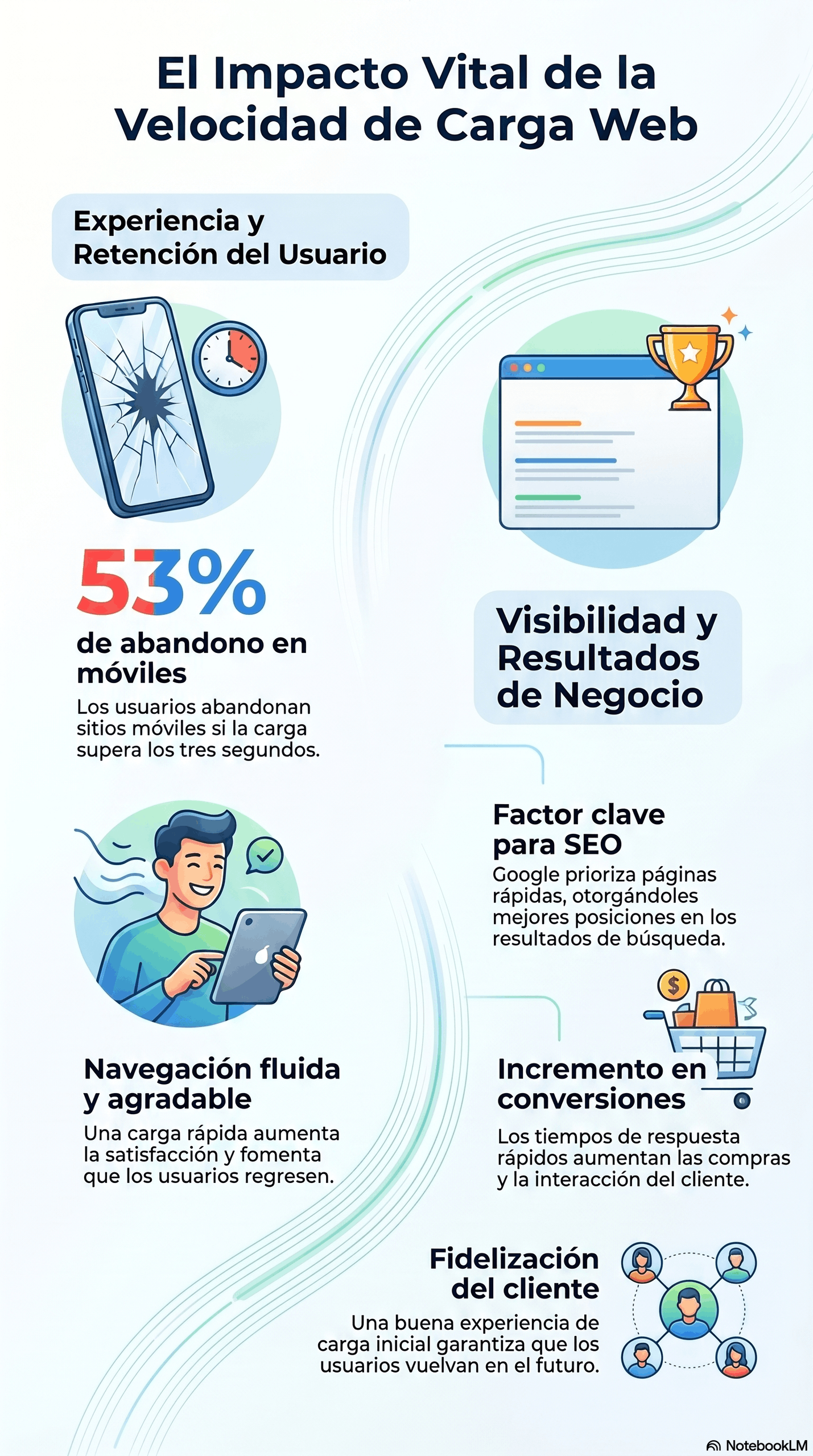 Infografía sobre el impacto de la velocidad web, mostrando cómo una carga rápida mejora la retención de usuarios, la visibilidad en buscadores, las conversiones y la fidelización del cliente.