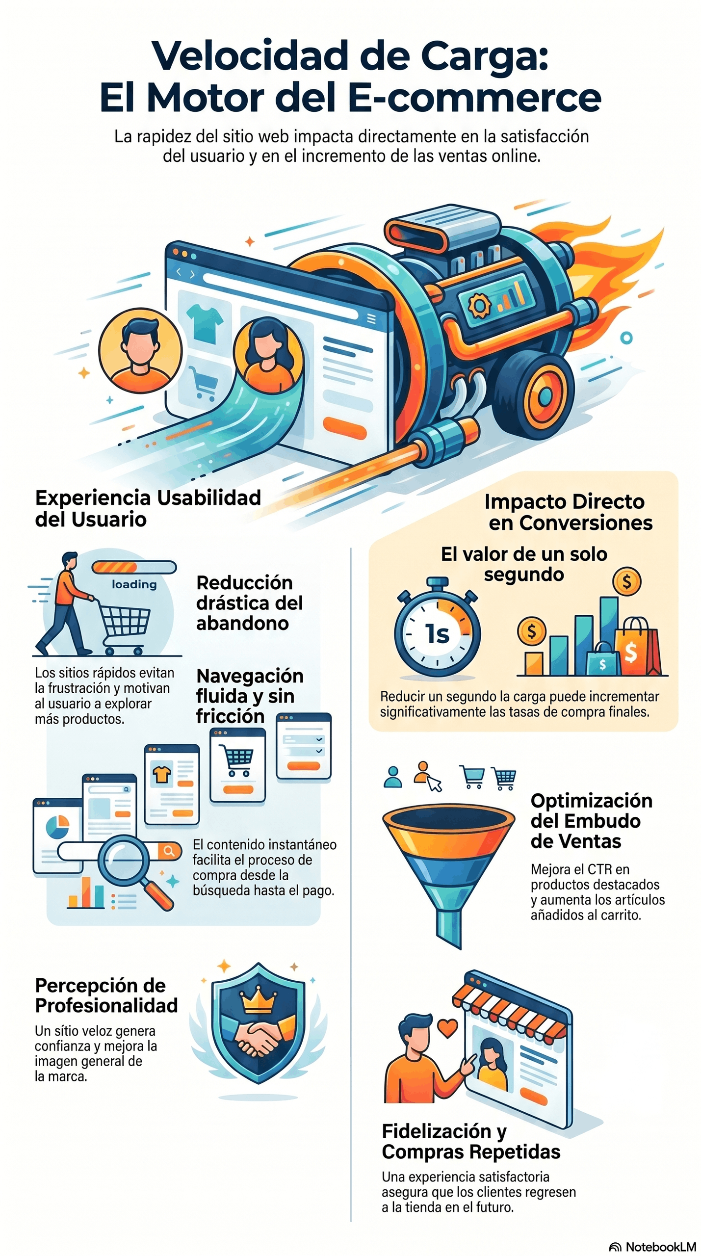Infografía sobre la velocidad de carga en e-commerce y su impacto en la experiencia del usuario, la reducción del abandono, la optimización del embudo de ventas, la percepción de profesionalidad y el aumento de conversiones.