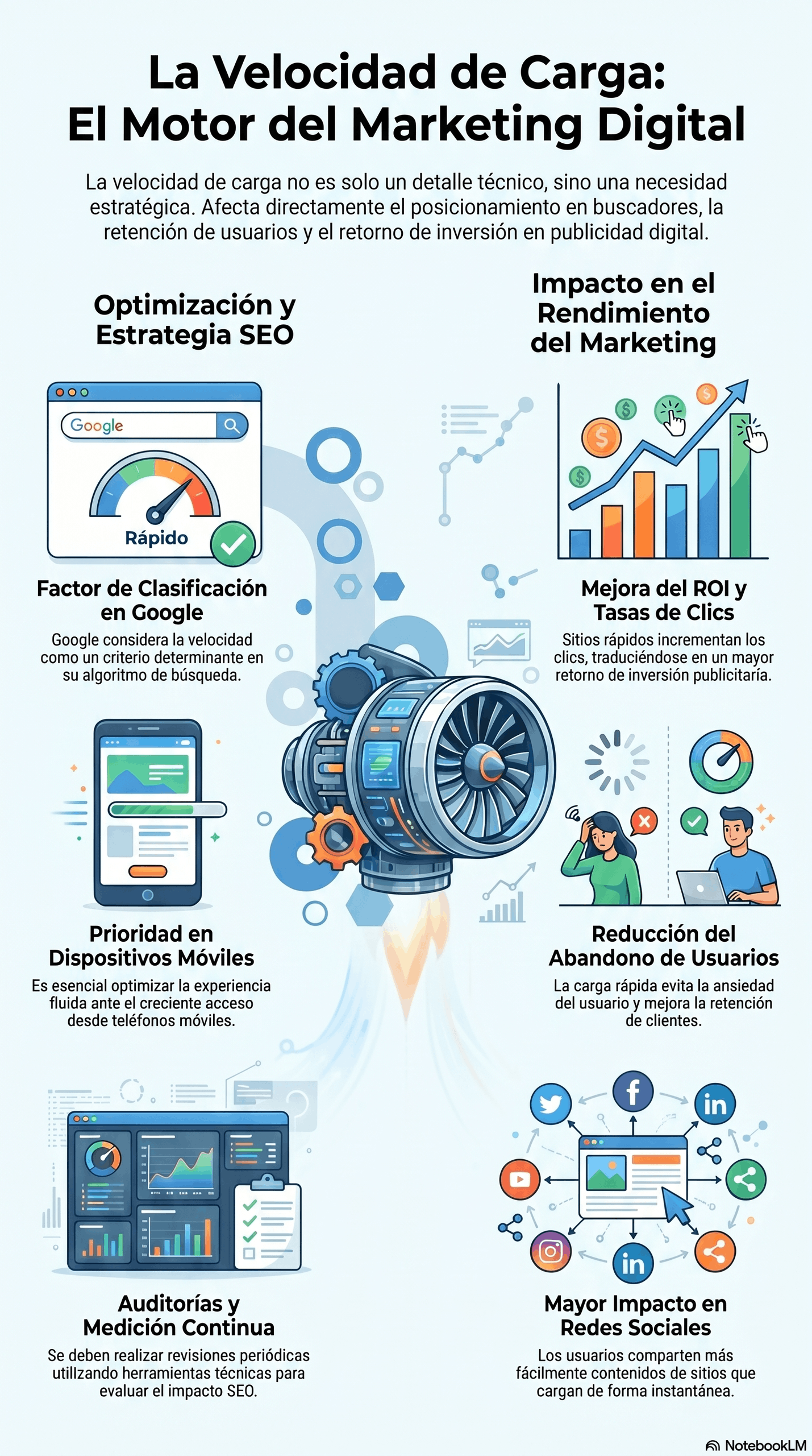 Infografía sobre velocidad de carga en marketing digital, destacando su impacto en la optimización SEO, la mejora del ROI y las tasas de clics, la prioridad en dispositivos móviles, la reducción del abandono de usuarios y el mayor impacto en redes sociales.