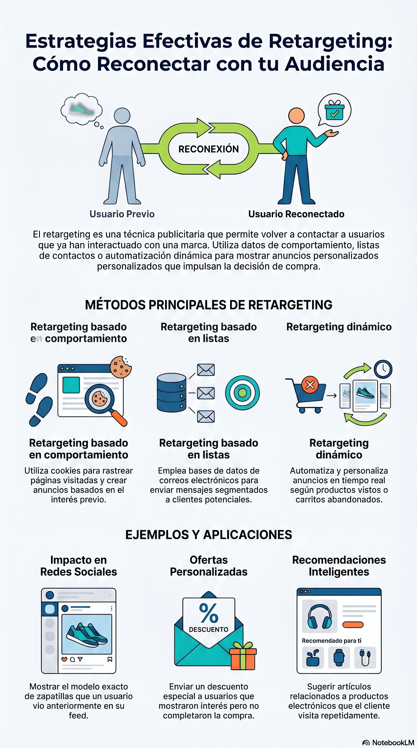 Infografía sobre estrategias efectivas de retargeting, con ejemplos de retargeting basado en comportamiento, en listas y dinámico, para reconectar con usuarios y aumentar conversiones.