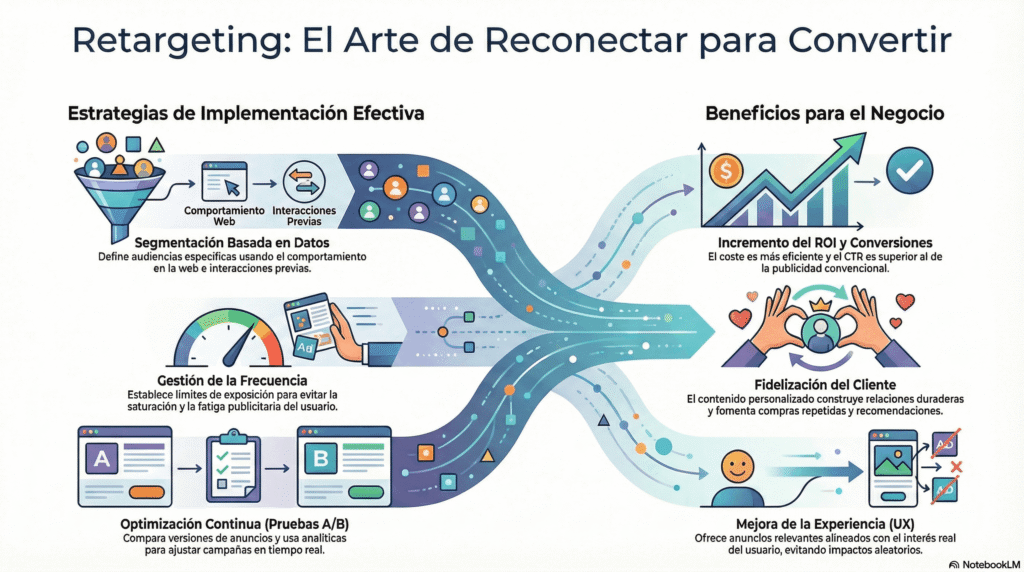 Infografía sobre estrategias y beneficios del retargeting que explica segmentación basada en datos, gestión de frecuencia, optimización continua con pruebas A/B, incremento del ROI, fidelización del cliente y mejora de la experiencia de usuario.