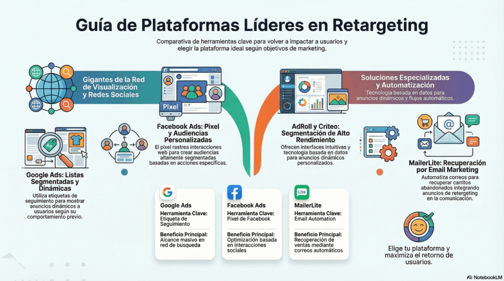 Infografía sobre guía de plataformas de retargeting que compara Google Ads, Facebook Ads, MailerLite, AdRoll y Criteo, mostrando herramientas clave, segmentación, automatización y beneficios para recuperar usuarios y maximizar conversiones.