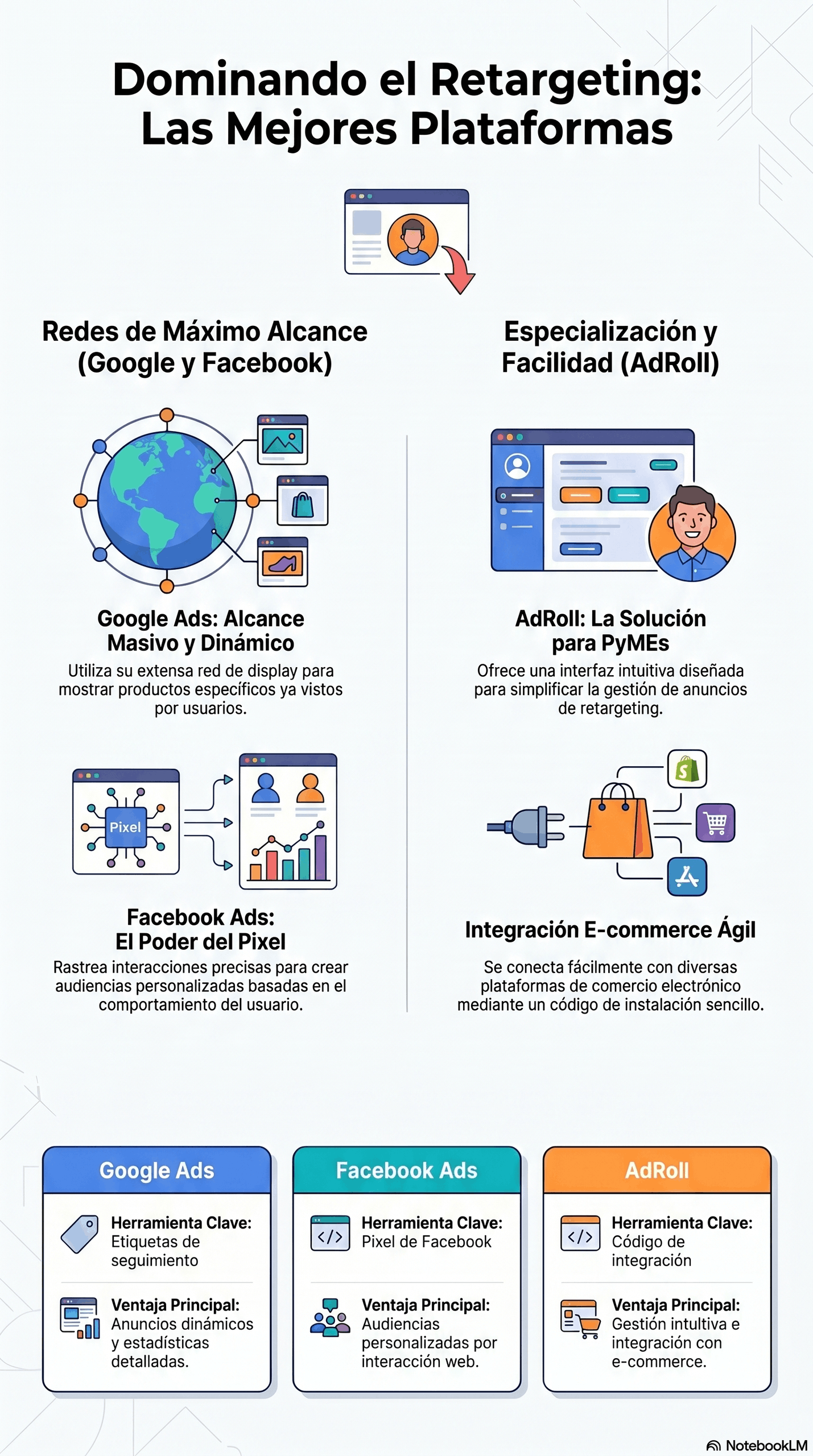 Infografía "Guía de plataformas de retargeting" que compara Google Ads, Facebook Ads y AdRoll, mostrando características clave como alcance masivo, pixel de seguimiento, integración e‑commerce y ventajas para PyMEs para elegir la mejor plataforma de retargeting.