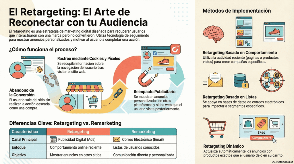 Infografía titulada “El Retargeting: El Arte de Reconectar con tu Audiencia”, una guía sobre estrategias de retargeting que explica cómo funciona el retargeting, sus métodos de implementación y las diferencias clave entre retargeting y remarketing.