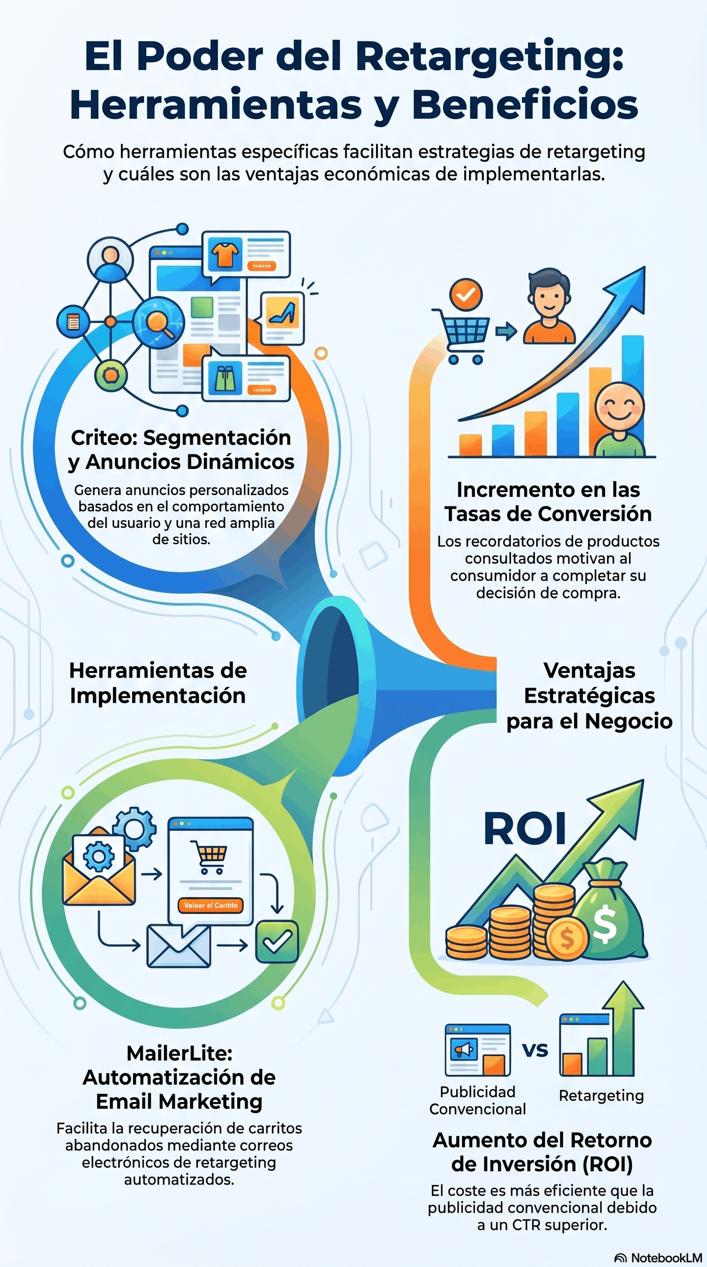 Infografía sobre herramientas y beneficios del retargeting, con ejemplos de Criteo y MailerLite, automatización de email marketing, anuncios dinámicos, aumento de conversiones y mejora del ROI.