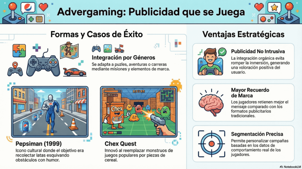 Infografía vibrante sobre Advergaming: Publicidad en videojuegos, mostrando formas y casos de éxito como Pepsiman (1999) de Pepsi, un runner endless con integración de marca, y Chex Quest, shooter sin violencia que popularizó piezas de cereal. Secciones incluyen ventas estratégicas con integración no intrusiva, engagement positivo y recuerdo mayor que métodos tradicionales, con gráficos de monstruos y personajes jugables.