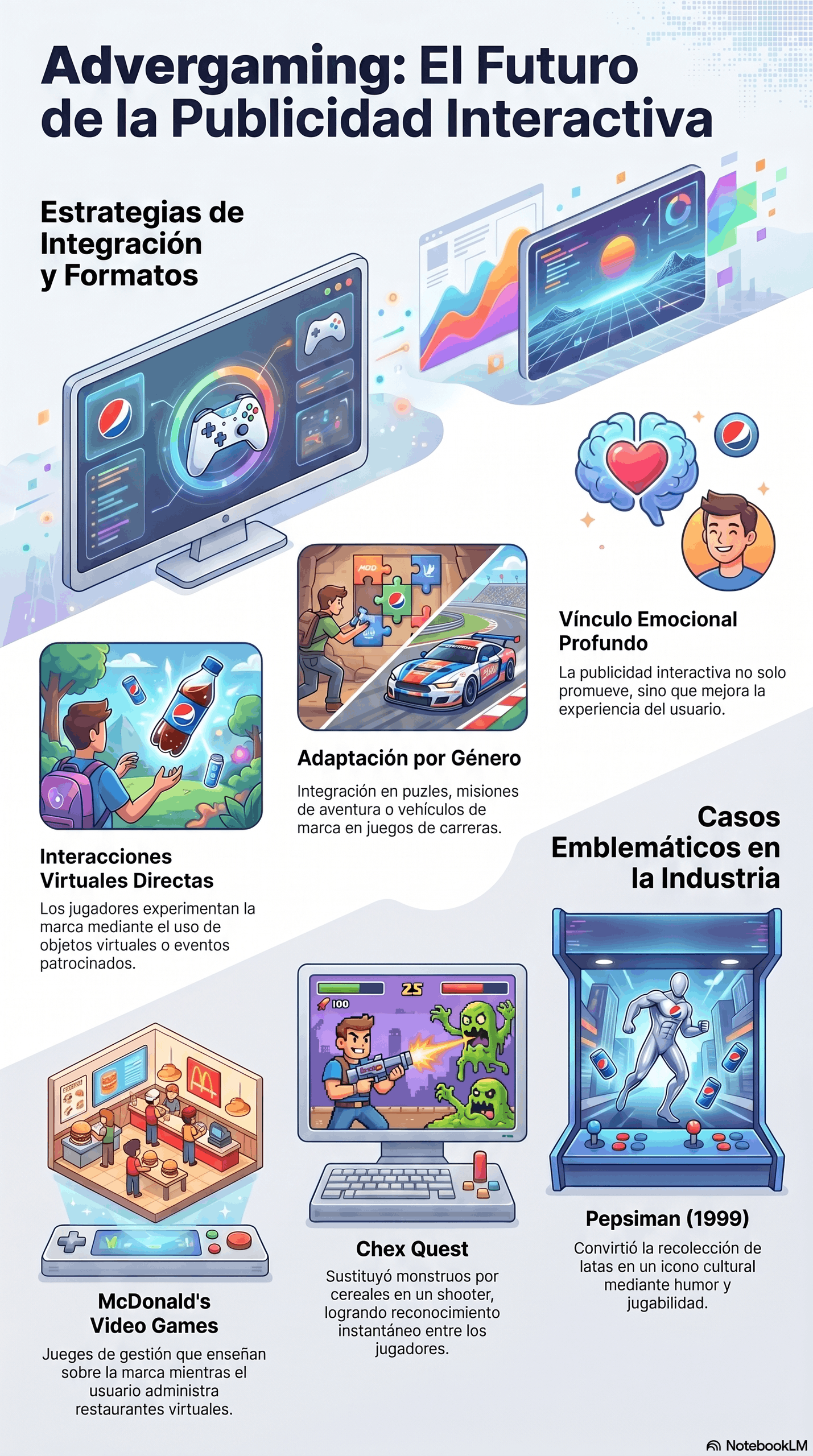 Infografía sobre advergaming y publicidad interactiva, con estrategias de integración, interacciones virtuales, adaptación por género, vínculo emocional profundo y casos emblemáticos como McDonald’s Video Games, Chex Quest y Pepsiman.