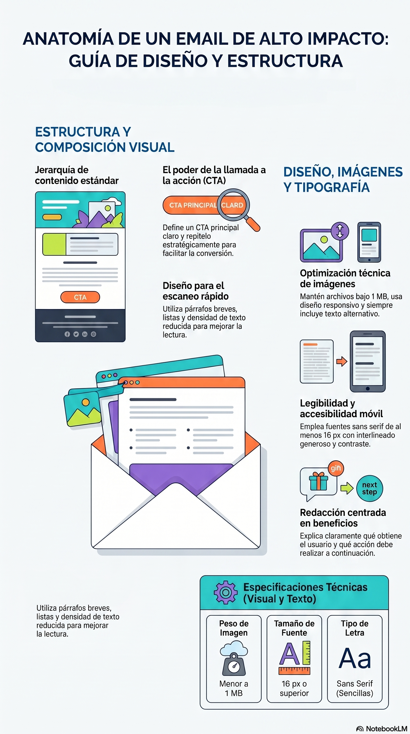 Infografía sobre Anatomía de un email eficaz con recomendaciones de estructura, jerarquía visual, CTA principal, escaneo rápido, optimización de imágenes, legibilidad móvil y redacción centrada en beneficios.