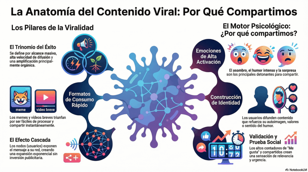 Infografía sobre la anatomía del contenido viral, con pilares como emociones de alta activación, memes, videos breves, efecto cascada y validación social para explicar por qué compartimos contenido en redes.
