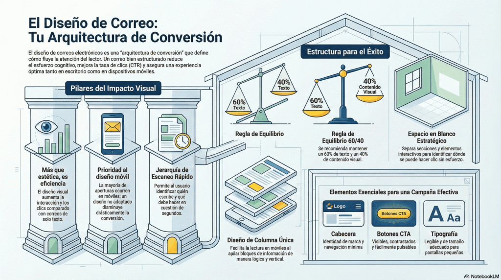 Infografía titulada "El Diseño de Correo: Arquitectura de Conversión" que detalla la arquitectura de conversión de correo con tres pilares de impacto visual (mínimo ético, prioridad de diseño, jerarquía visual), regiones de equilibrio, blanco y espacio, y elementos esenciales para campañas efectivas como calendario, CTA y asunto. Esta estructura de tres columnas enfatiza cómo optimizar el diseño de emails para maximizar conversiones mediante equilibrio visual y llamadas a la acción claras.