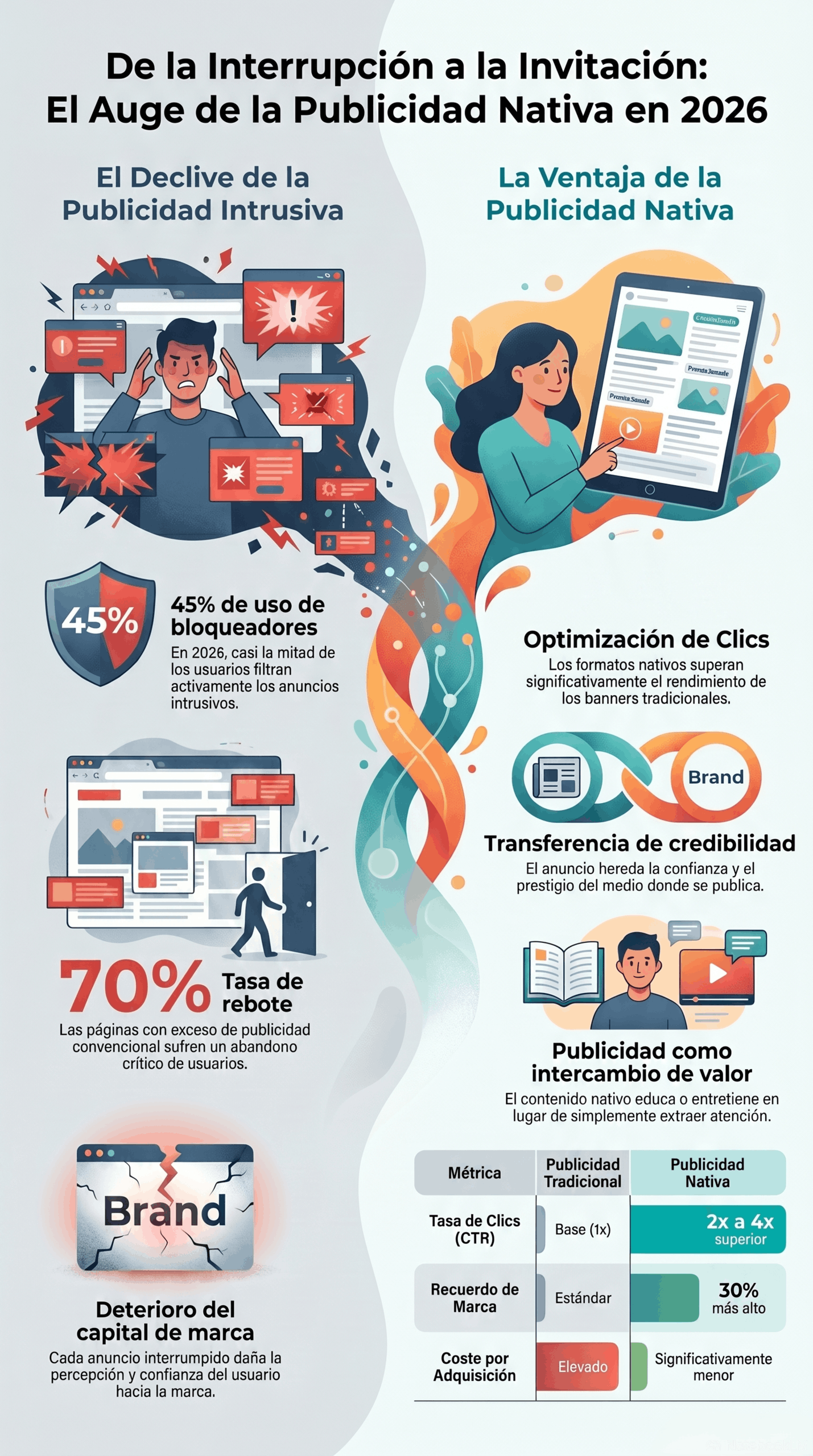 Infografía sobre el auge de la publicidad nativa, que compara la publicidad intrusiva con formatos nativos y destaca mejoras en clics, credibilidad y recuerdo de marca.