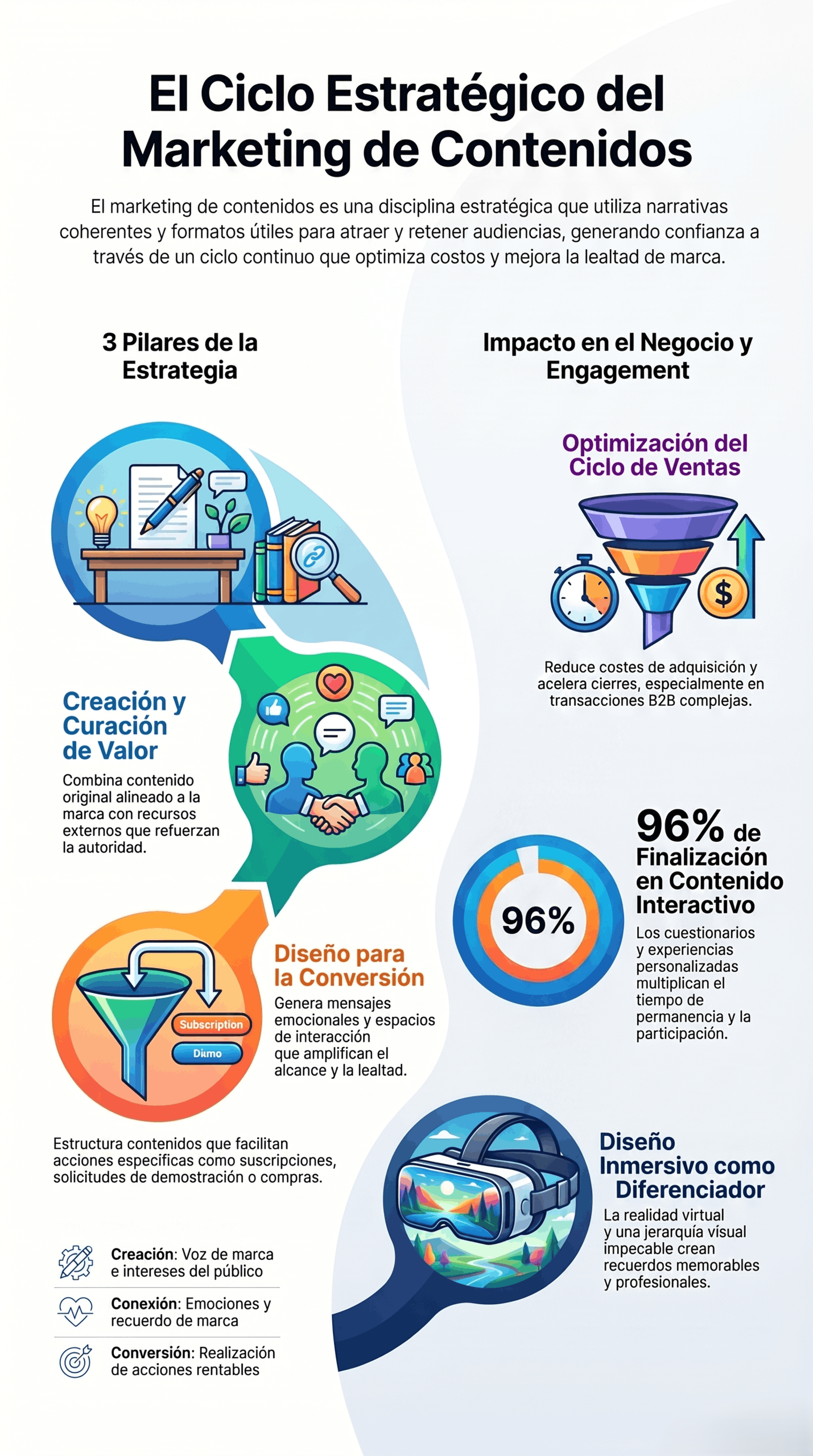 Infografía del Ciclo Estratégico de Contenidos que muestra tres pilares (creación y curación de valor, diseño para la conversión y diseño inmersivo) y su impacto en ventas y engagement; ilustración con embudo de ventas, gráficos y iconos explicativos para destacar el concepto de Ciclo Estratégico de Contenidos.