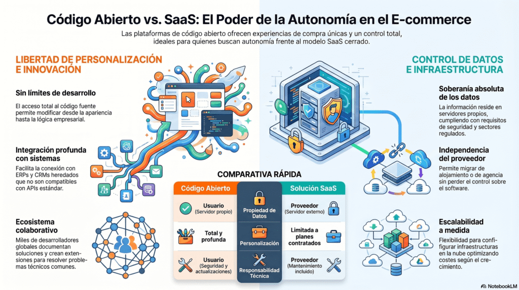 Infografía comparativa de Código Abierto vs. SaaS en e-commerce, con enfoque en personalización, control de datos, independencia del proveedor, escalabilidad e integración de sistemas.