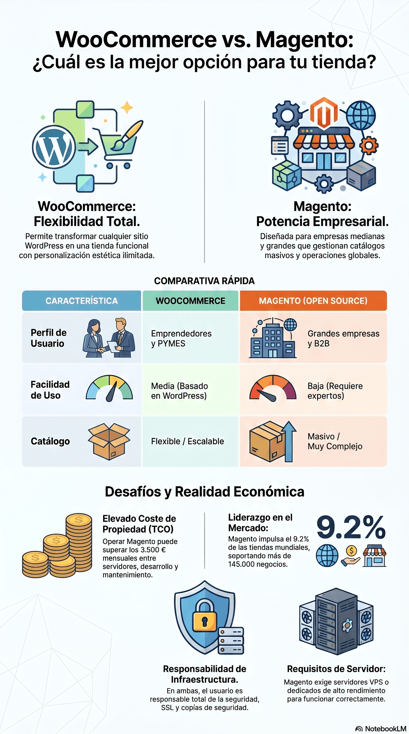 Infografía de la Comparativa de plataformas de comercio que enfrenta WooCommerce y Magento, mostrando perfil de usuario (PYMES vs. B2B), facilidad de uso, capacidad de catálogo, costes de propiedad, requisitos de servidor y responsabilidades de infraestructura para ayudar a elegir la mejor plataforma.