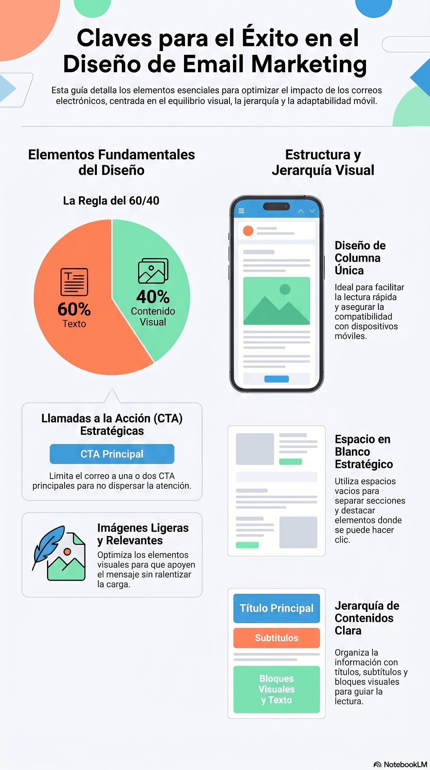Infografía sobre Diseño Exitoso de Email Marketing con claves para optimizar campañas: regla 60/40, diseño de columna única, llamadas a la acción estratégicas, imágenes ligeras, espacio en blanco y jerarquía visual clara.