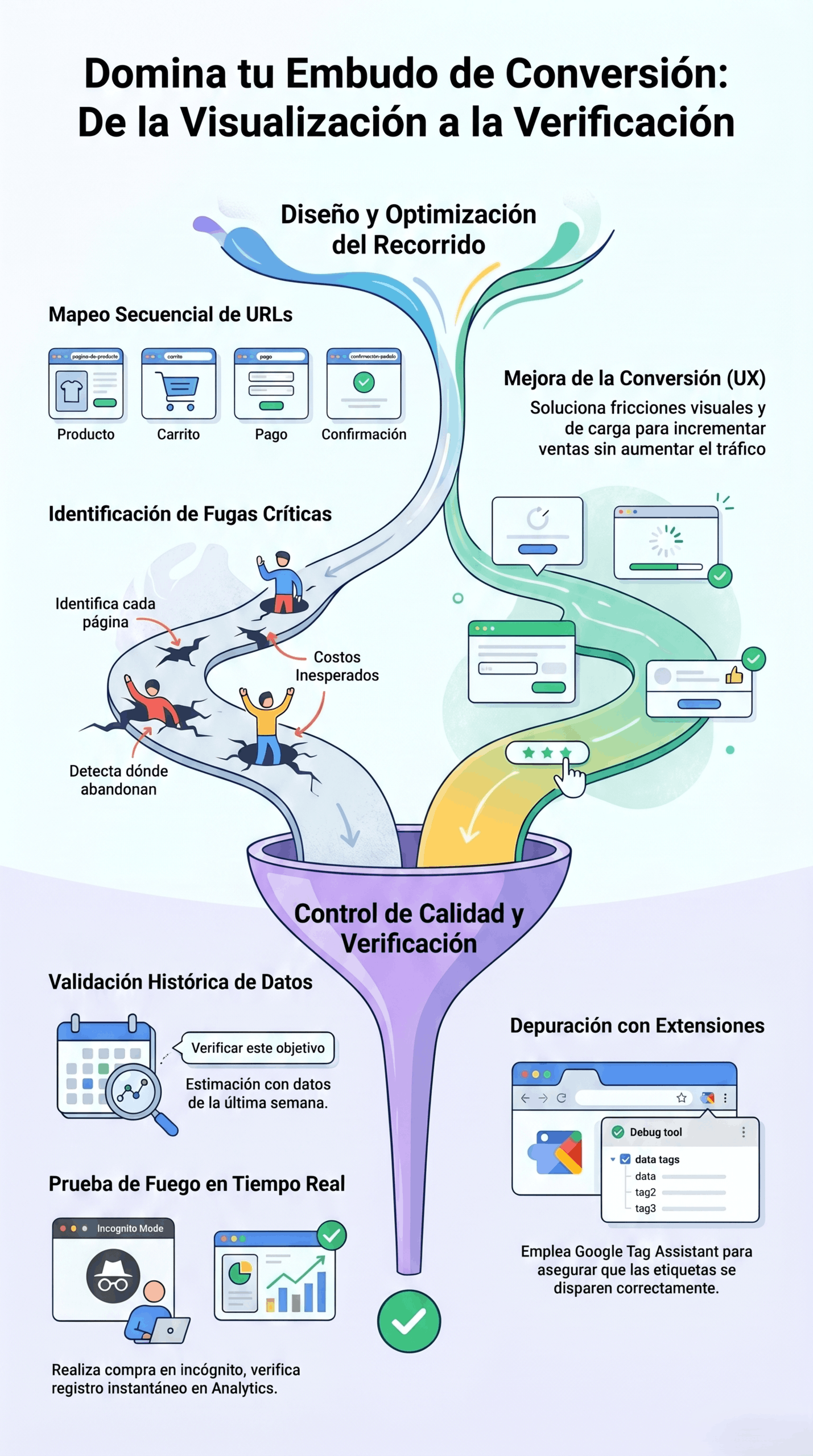 Infografía de Domina tu Embudo de Conversión con mapeo secuencial de URLs, detección de fugas críticas, control de calidad, validación de datos y depuración en tiempo real.