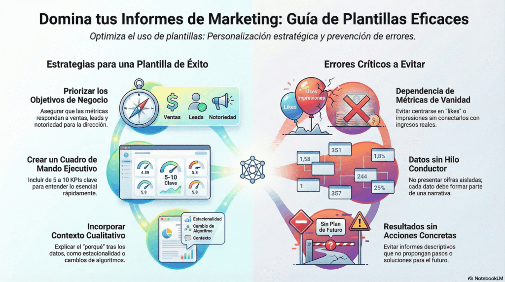 Infografía para domina tus informes de marketing con guía de plantillas eficaces y personalizadas, estrategias para evitar errores críticos; muestra objetivos priorizados, creación de dashboards ejecutivos, KPIs de conversión, exploración de datos; contrasta métricas válidas vs. engañosas, leads calificados vs. altos en volumen.