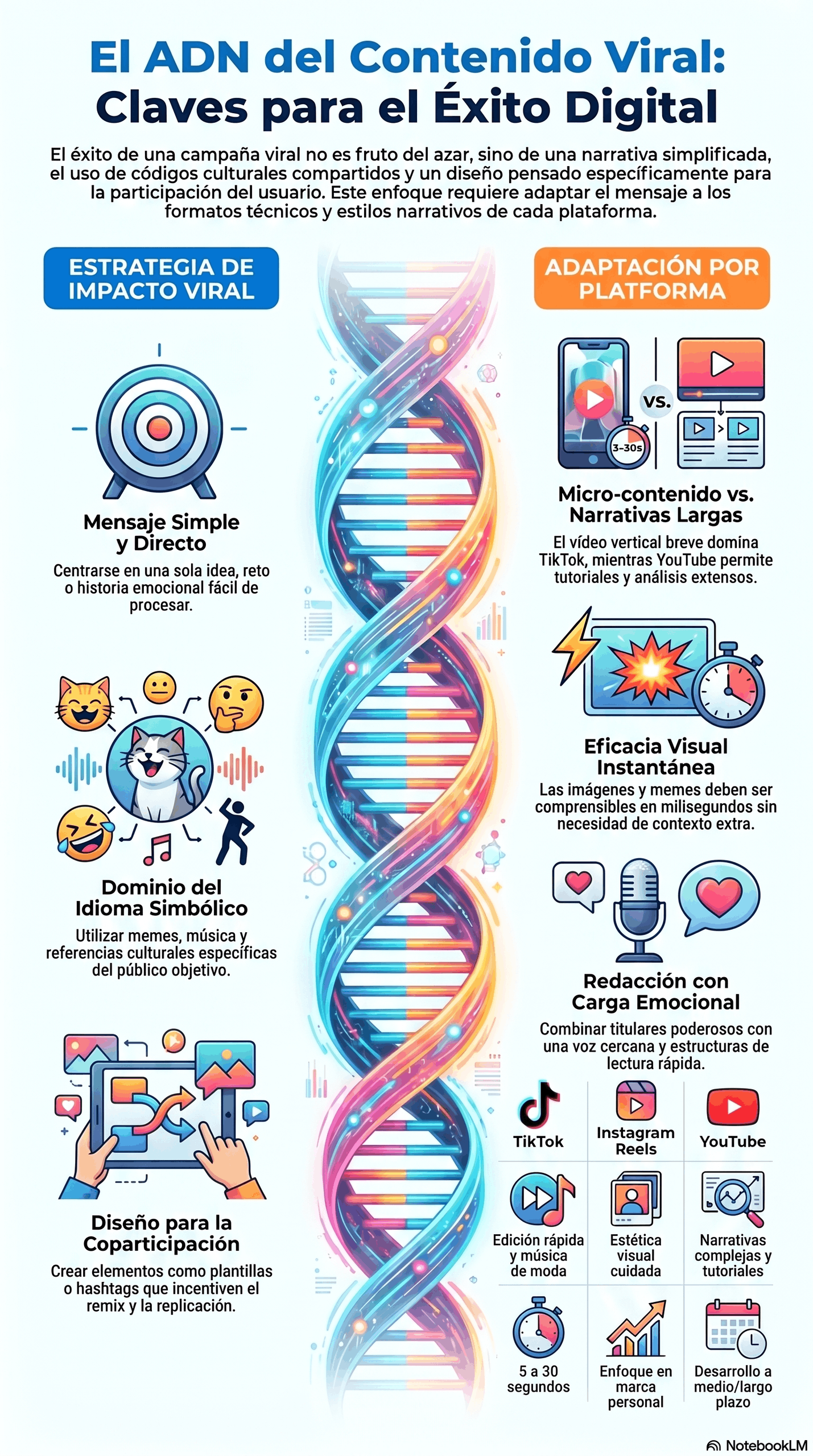 Infografía "El ADN del Contenido Viral" que muestra una doble hélice central y explica estrategias para viralizar contenido: mensaje simple y directo, dominio del lenguaje simbólico (memes y música), diseño para coparticipación, adaptación por plataforma (micro-contenido vs narrativas largas), eficacia visual instantánea y redacción con carga emocional.