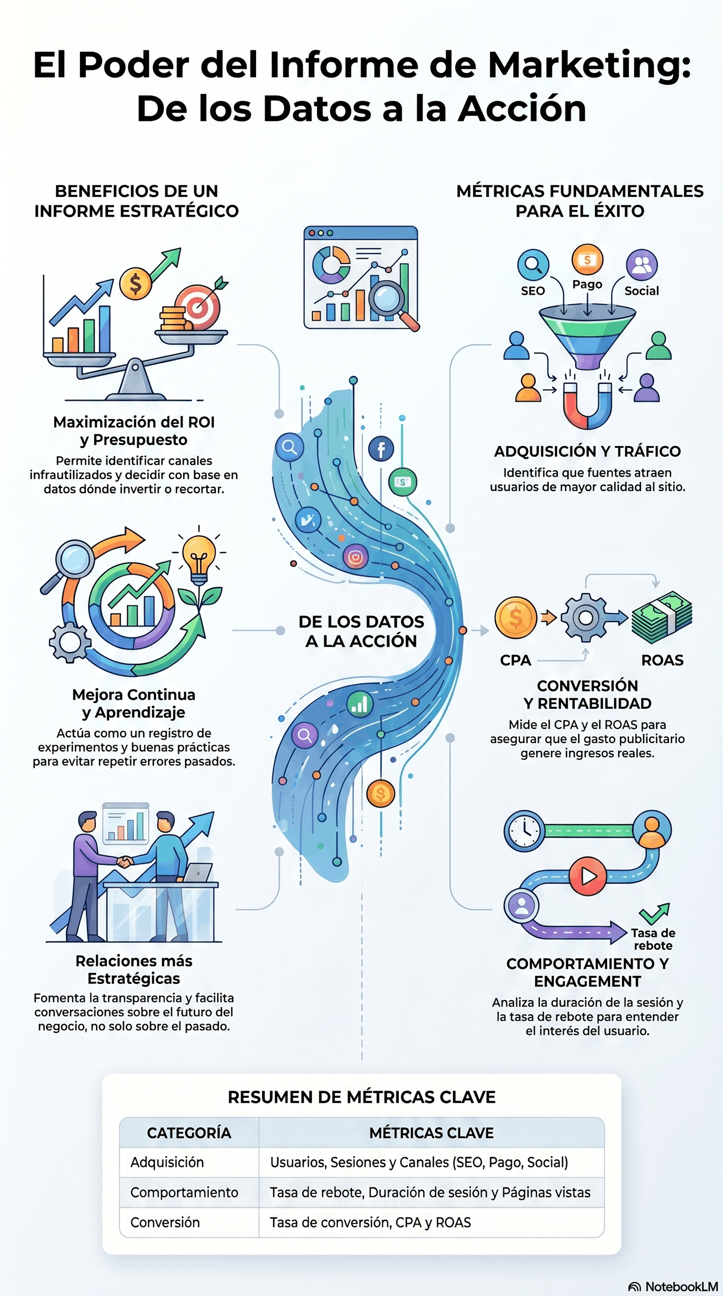 Infografía sobre El Informe de Marketing Estratégico, que explica cómo pasar de los datos a la acción para mejorar ROI, adquisición, conversión, comportamiento y rentabilidad.