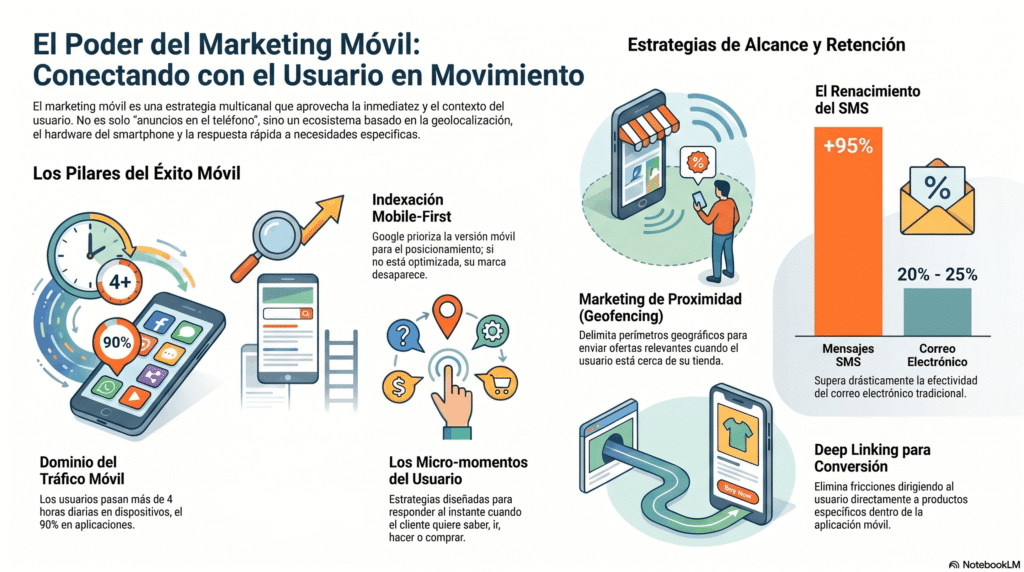 Infografía sobre el poder del marketing móvil, con estrategias de alcance y retención como indexación mobile-first, geofencing, micro-momentos, SMS, correo electrónico y deep linking para conversión.