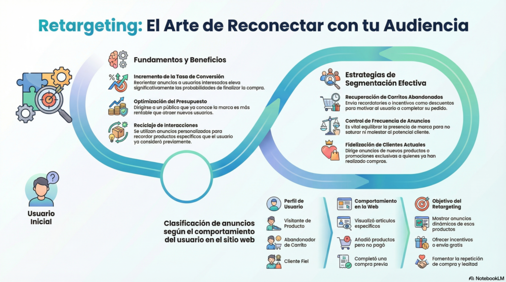 Infografía sobre el arte del retargeting publicitario, con estrategias de segmentación, recuperación de carritos abandonados y anuncios personalizados para distintos tipos de usuarios.