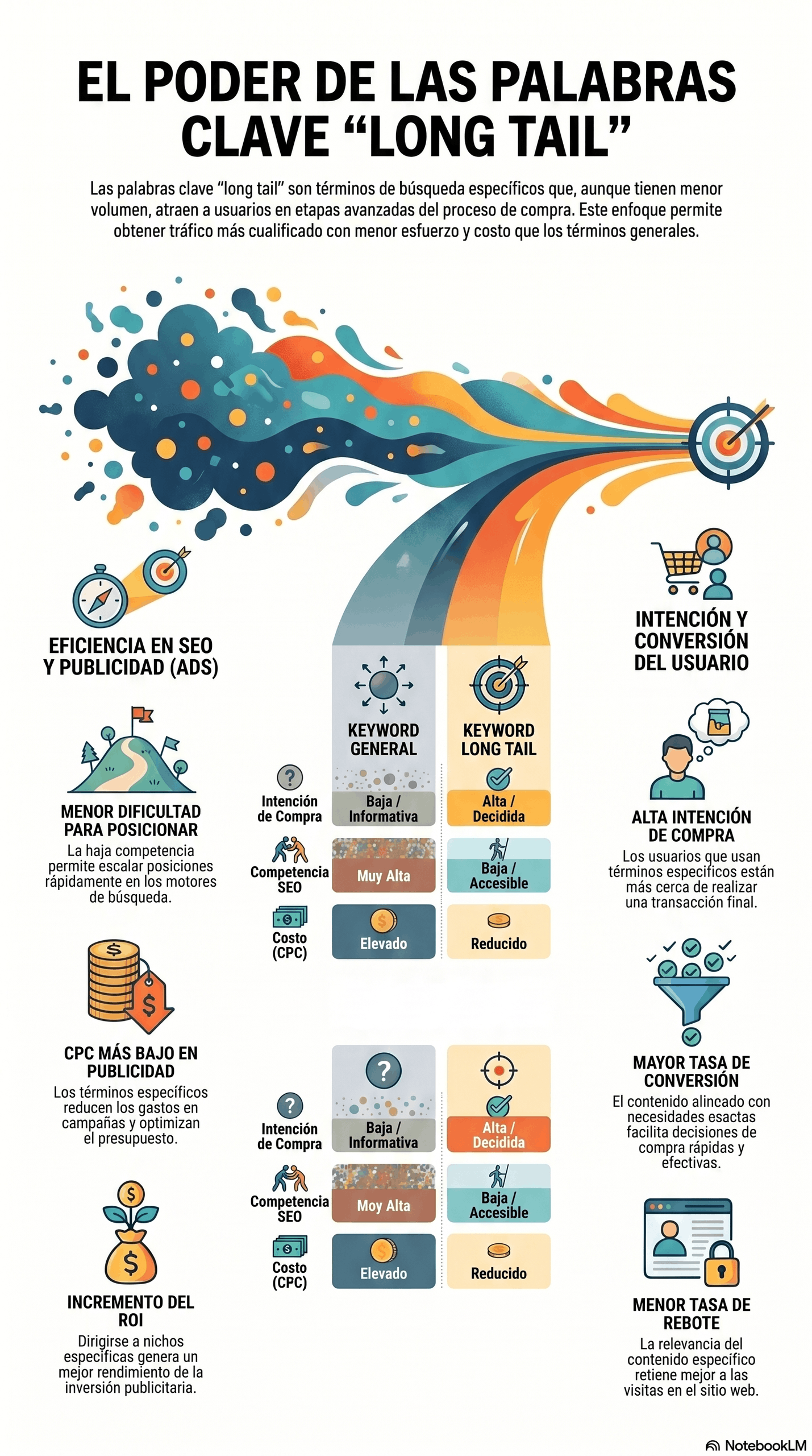 Infografía sobre el poder del long tail, explicando cómo las palabras clave long tail mejoran el posicionamiento SEO, reducen el CPC y aumentan la conversión.