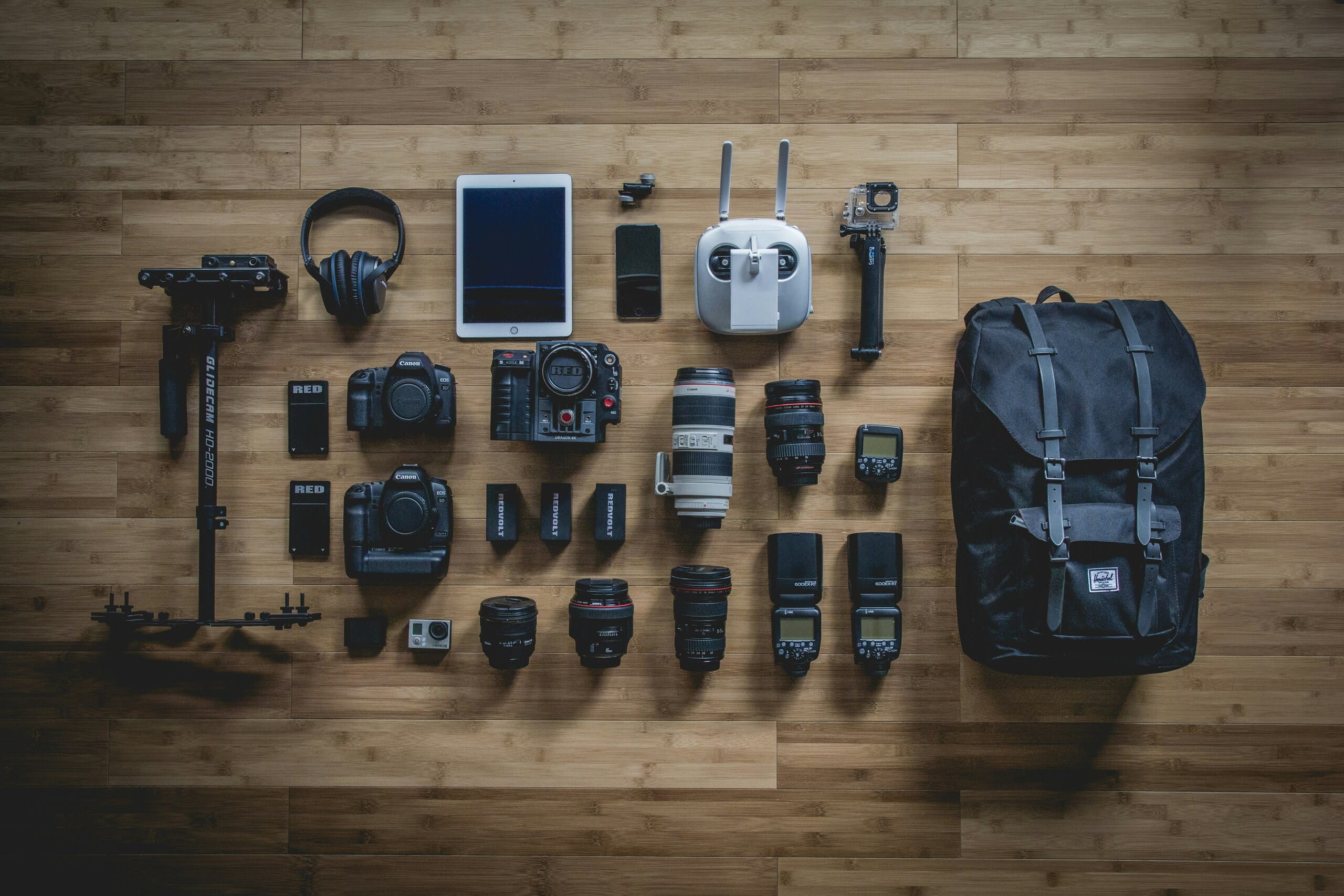 Equipo de fotografía y videografía dispuesto sobre un suelo de madera, incluye cámaras, lentes, estabilizador, flash, tablet y mochila.