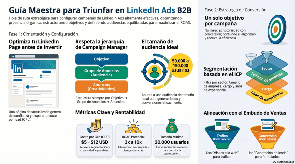 Infografía sobre Estrategia Maestra de Anuncios B2B para LinkedIn Ads, con recomendaciones sobre configuración de campañas, segmentación por ICP, tamaño de audiencia ideal, métricas clave y alineación con el embudo de ventas.