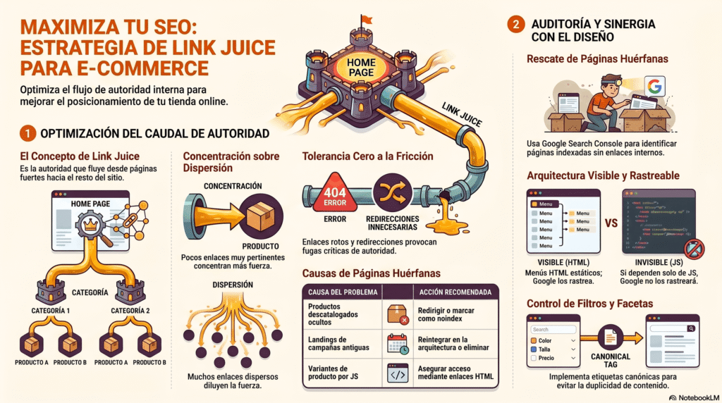 Infografía sobre la Estrategia SEO de Link Juice que ilustra cómo optimizar el flujo de autoridad interna, gestionar páginas huérfanas y mejorar la rastreabilidad en tiendas online.