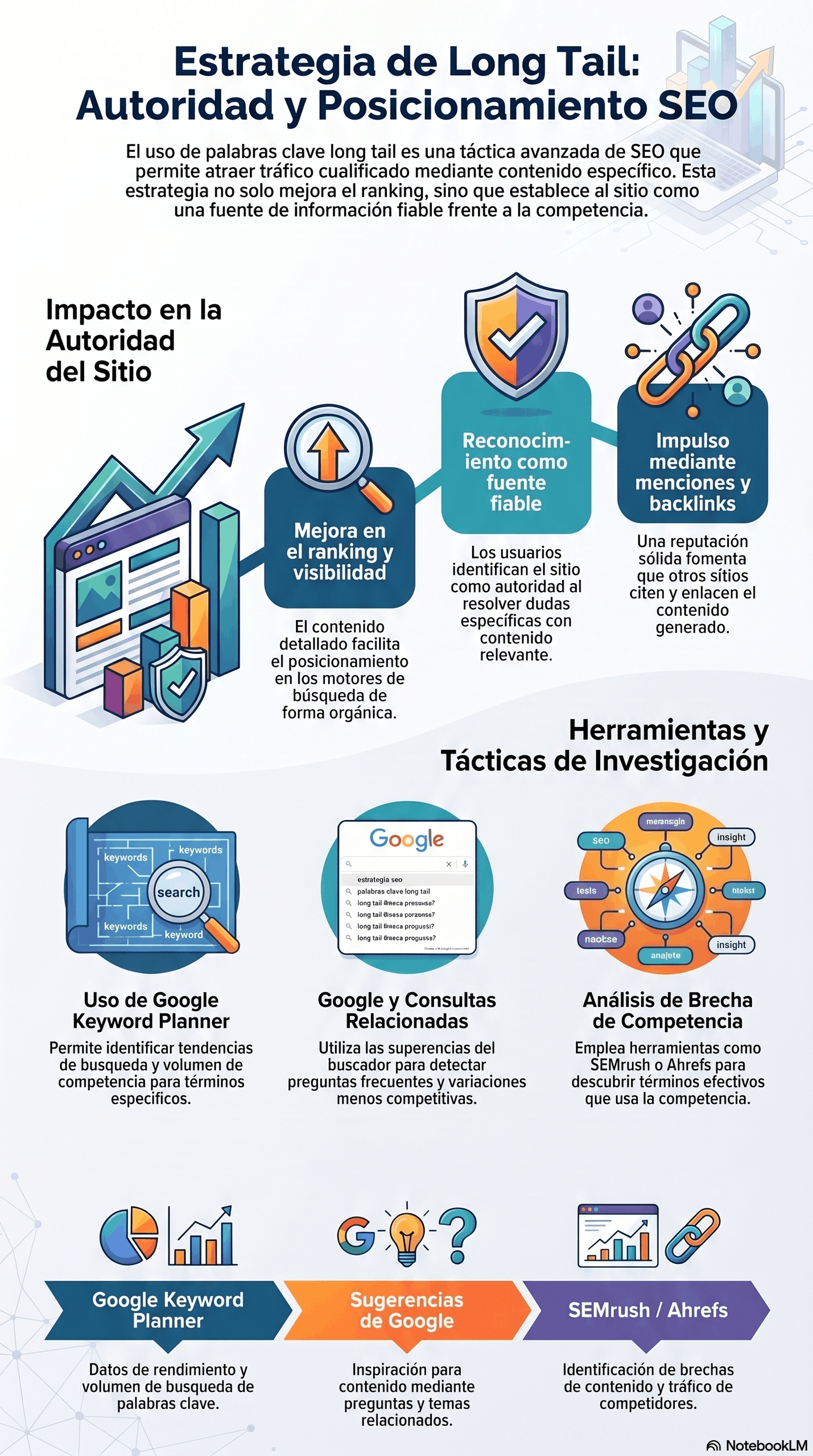 Infografía sobre estrategia SEO de long tail, con tácticas para mejorar el posicionamiento, aumentar la autoridad del sitio y encontrar oportunidades con Google Keyword Planner, consultas relacionadas y análisis de competencia.