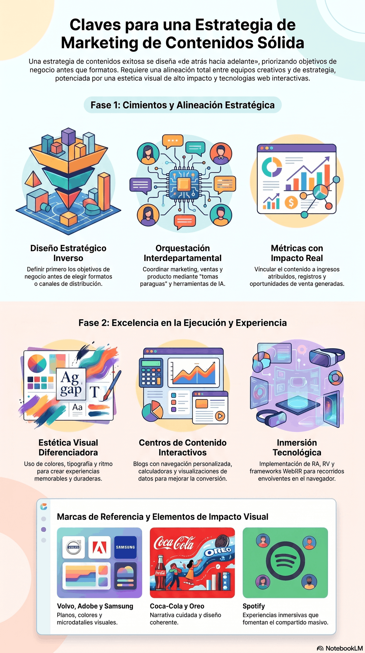 Infografía sobre Estrategia de Marketing de Contenidos con fases de diseño estratégico inverso, orquestación interdepartamental, métricas con impacto real, estética visual diferenciadora, centros de contenido interactivos e inmersión tecnológica; incluye ejemplos de marcas como Volvo, Adobe, Samsung, Coca-Cola, Oreo y Spotify.