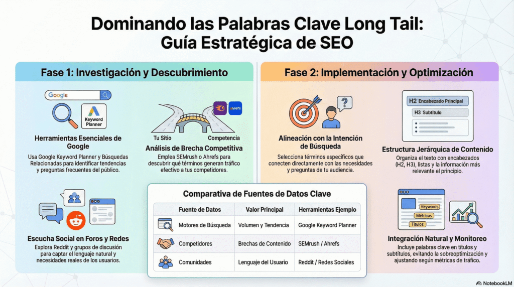 Infografía sobre estrategia de SEO Long Tail, con fases de investigación, análisis competitivo, alineación con la intención de búsqueda, estructura de contenido y optimización para mejorar tráfico, relevancia y conversiones.