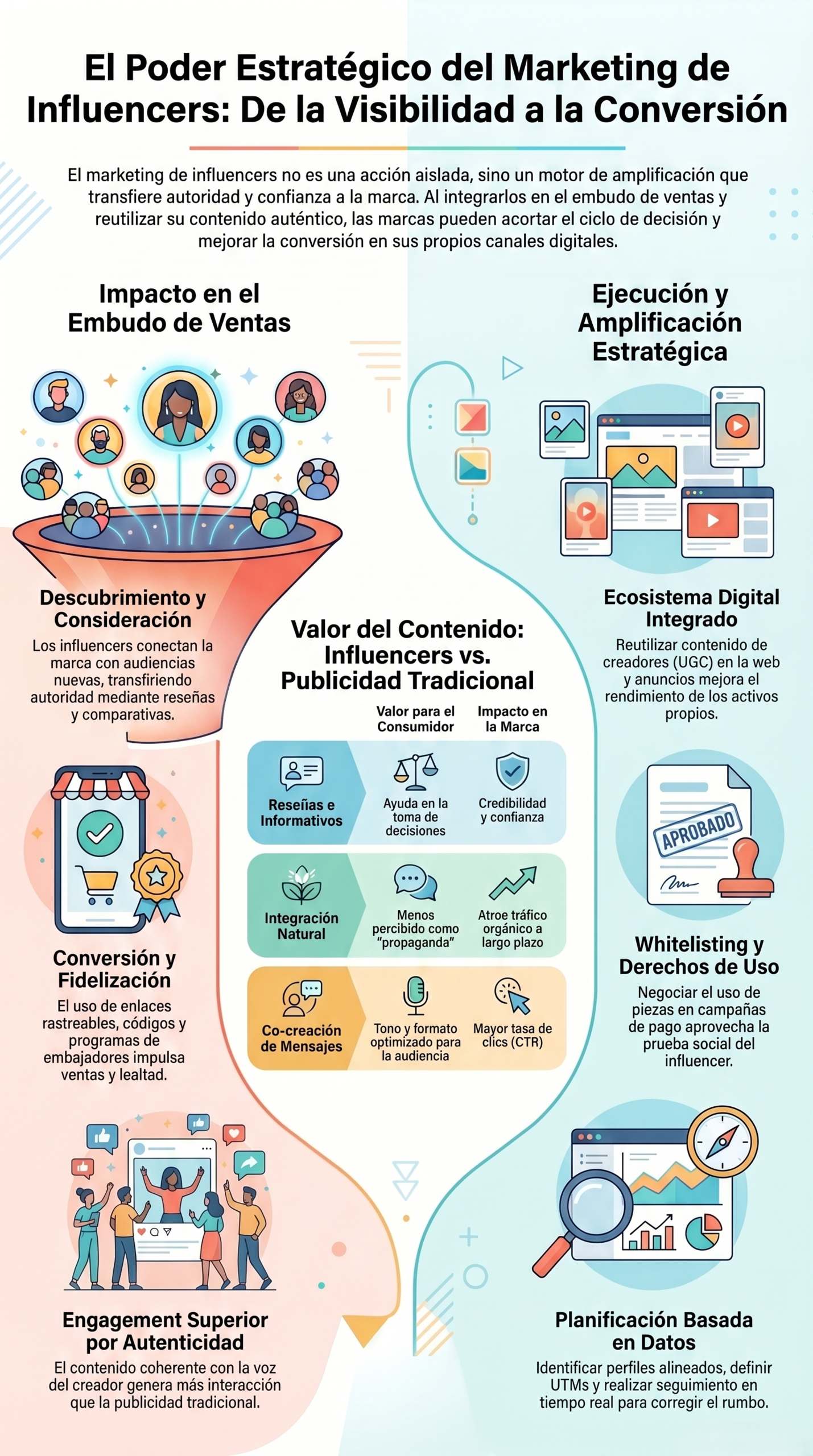Infografía sobre estrategia de marketing de influencers, con enfoque en el embudo de ventas, la amplificación estratégica, la conversión, la fidelización y la planificación basada en datos.