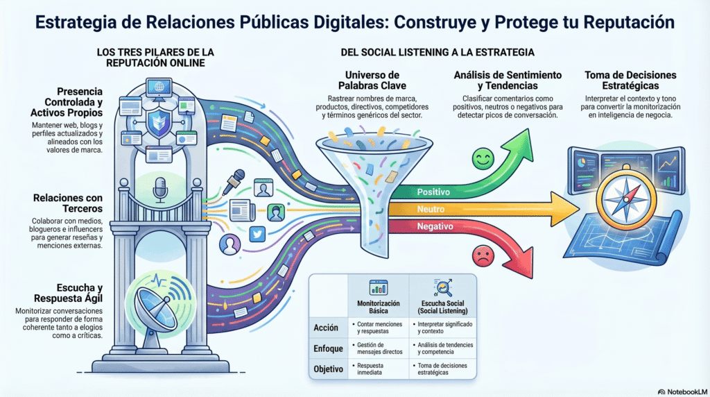 Infografía sobre estrategia de relaciones públicas digitales, que explica los pilares de la reputación online, el social listening, el análisis de sentimiento y la toma de decisiones estratégicas para construir y proteger la reputación de una marca.