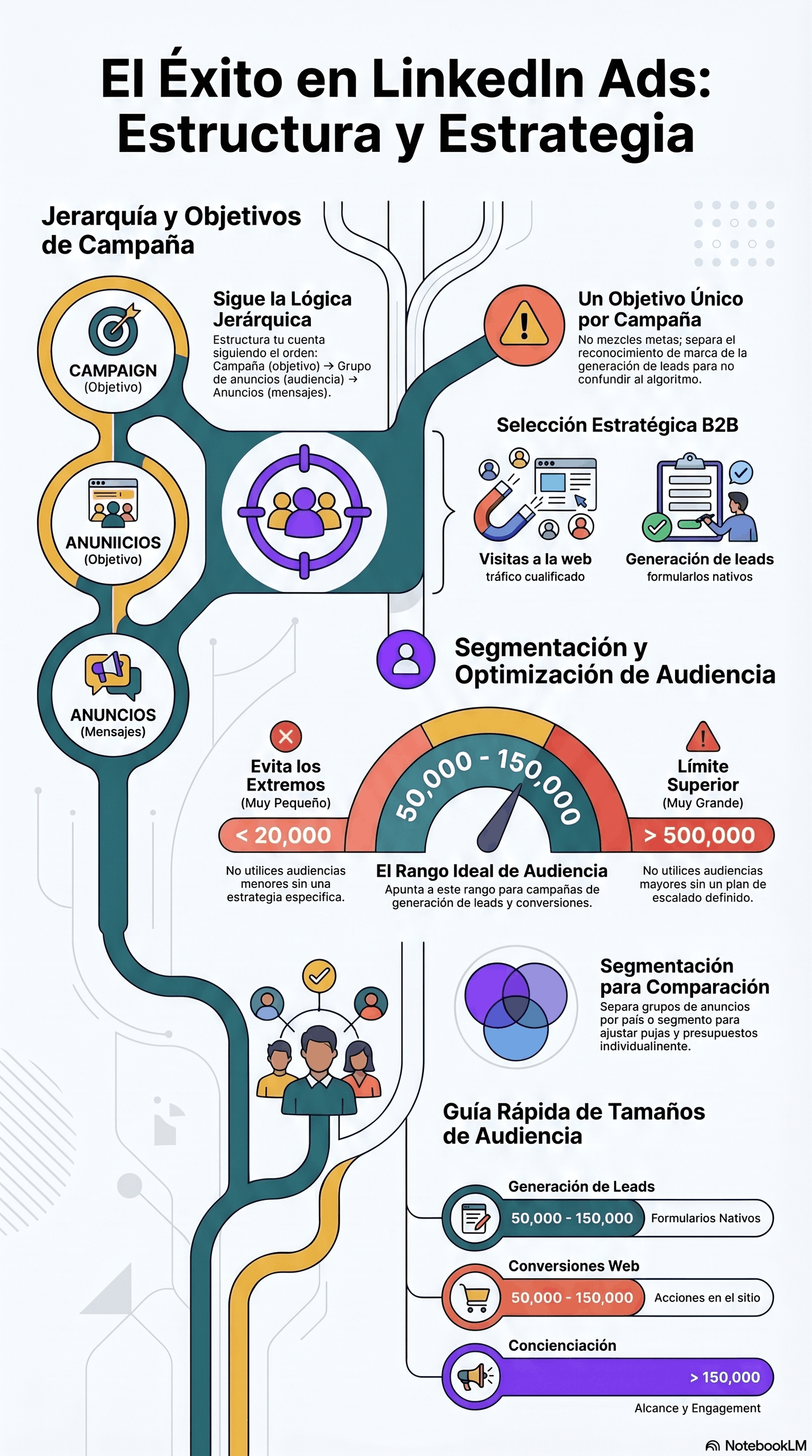 Infografía sobre estrategia para publicidad profesional exitosa en LinkedIn Ads, con jerarquía de campaña, segmentación de audiencia, objetivos B2B y guía rápida de tamaños de audiencia para generar leads y conversiones.