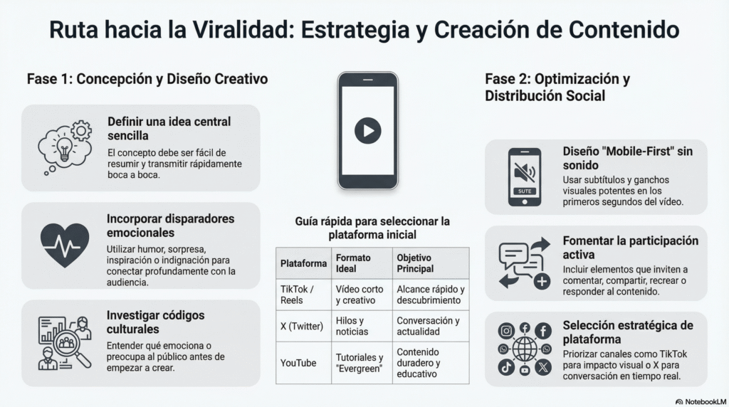 Infografía sobre la estrategia para crear contenido viral, con fases de concepción, diseño creativo, optimización móvil, distribución social y selección de plataformas como TikTok, X y YouTube.