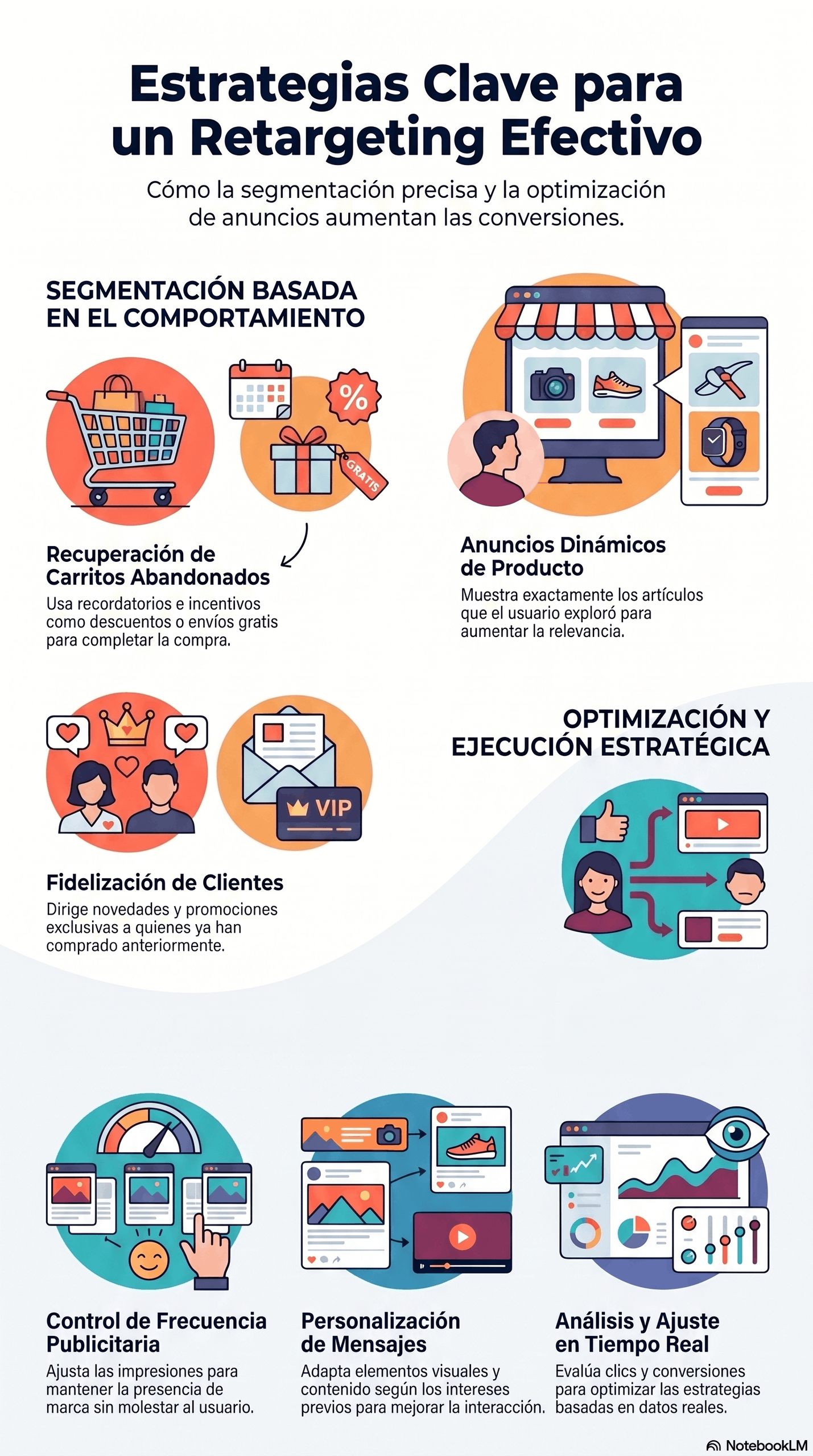 Infografía sobre estrategias de retargeting efectivo, con segmentación basada en el comportamiento, recuperación de carritos abandonados, anuncios dinámicos de producto, fidelización de clientes, control de frecuencia publicitaria, personalización de mensajes y análisis en tiempo real para mejorar conversiones.